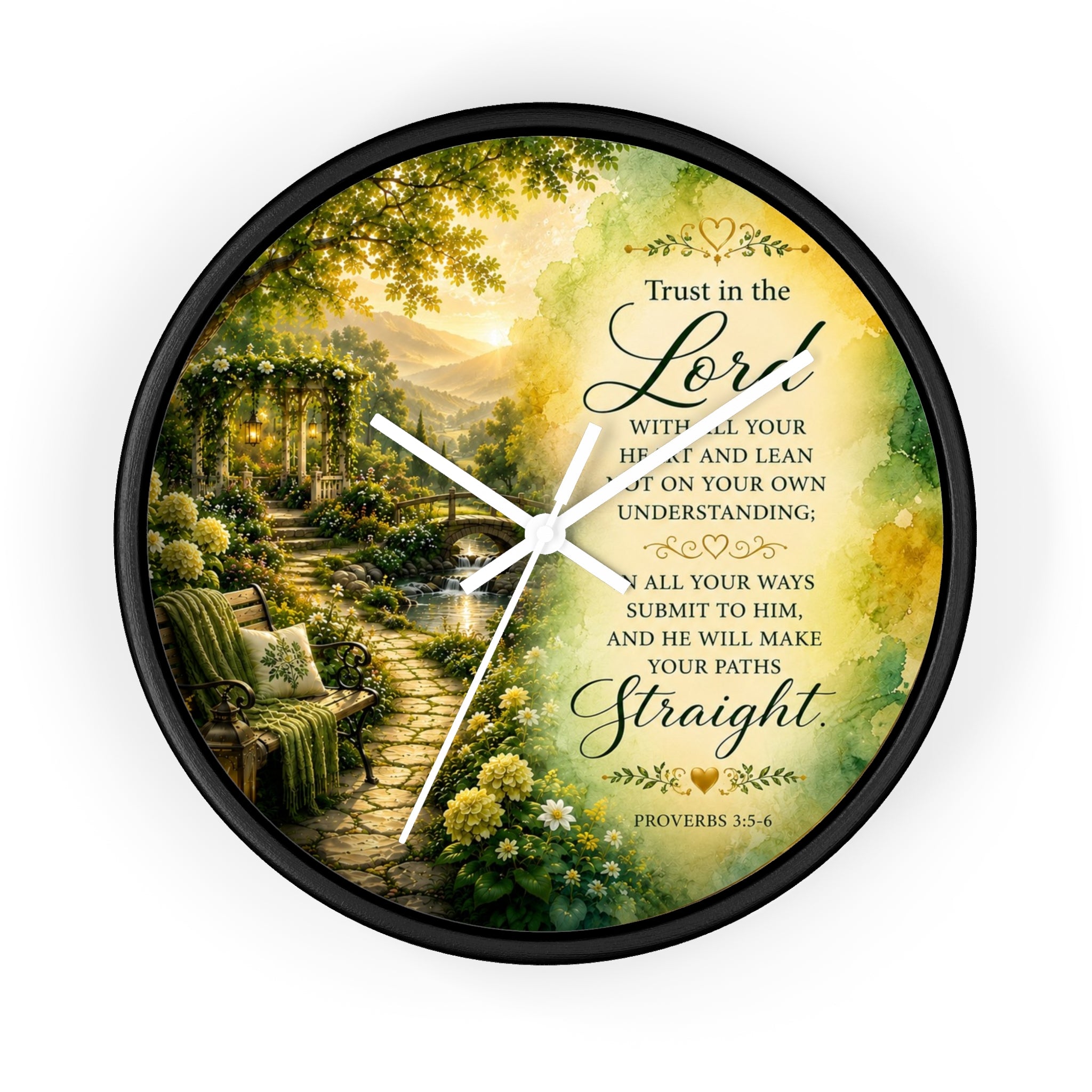 Inspirational Christian wall clock featuring a peaceful garden pathway at sunrise with Proverbs 3:5-6 scripture about trusting in the Lord.