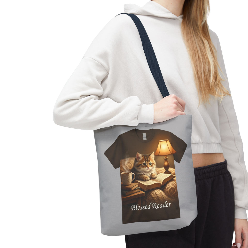 Blessed Reader Cat Tote Bag – Cozy Book Lover Library Tote | Cat & Books Gift Bag