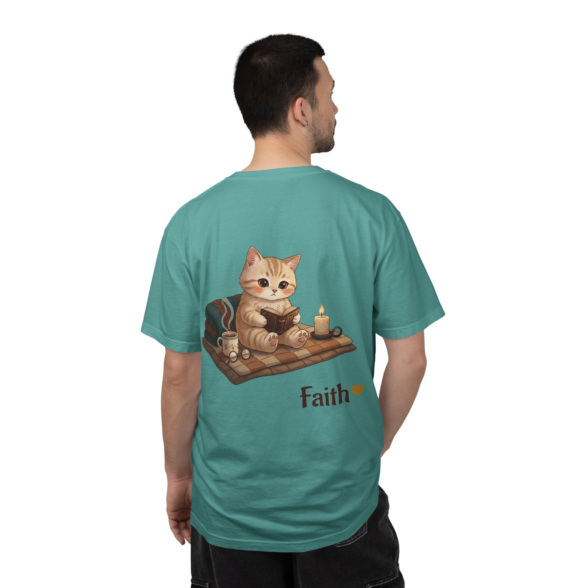 Cozy Cat Prayer T-Shirt — Faith Heart Cat Tee | Christian Cat Lover Shirt