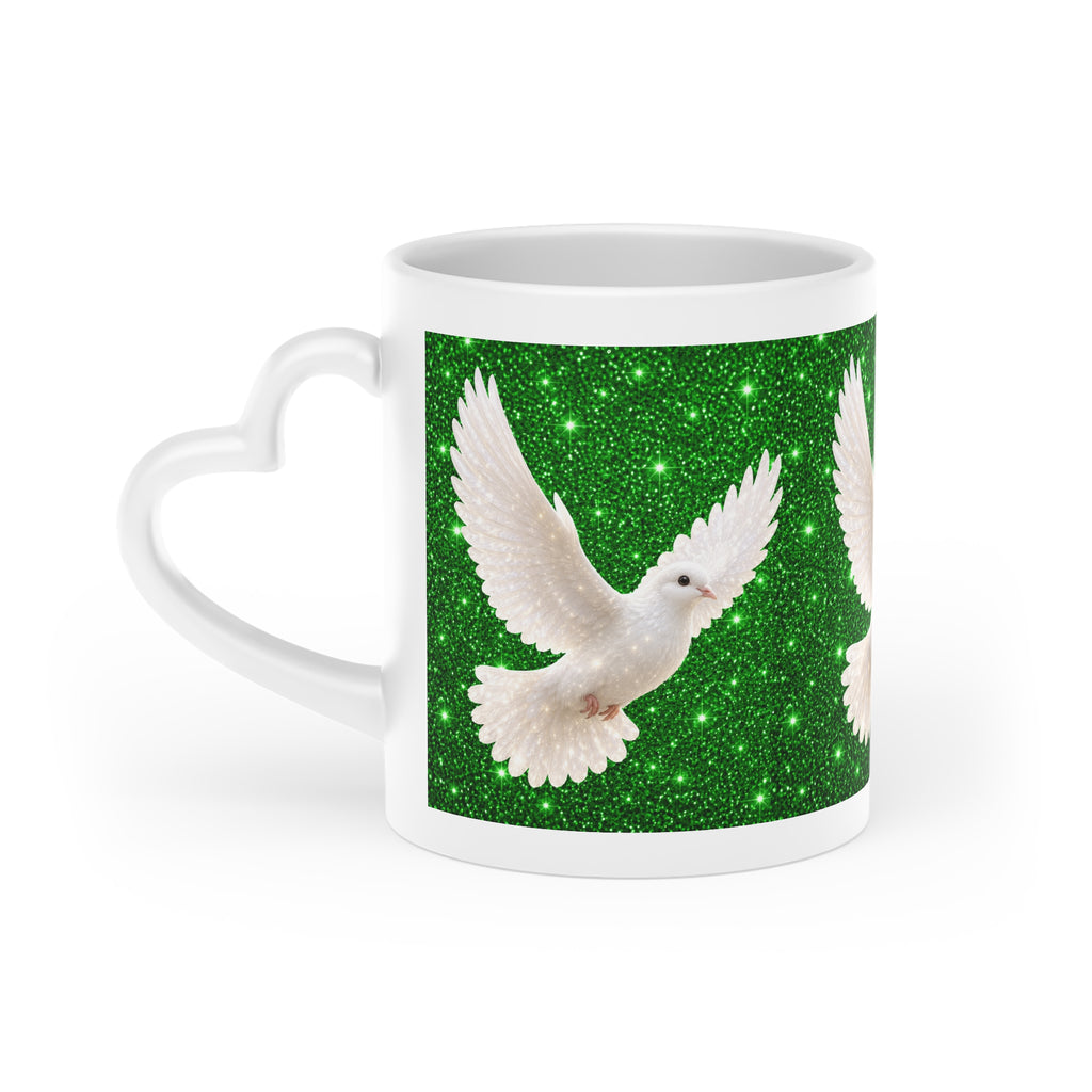 White ceramic heart-shaped handle mug featuring elegant white doves flying across a sparkling emerald green background with vibrant wraparound artwork.