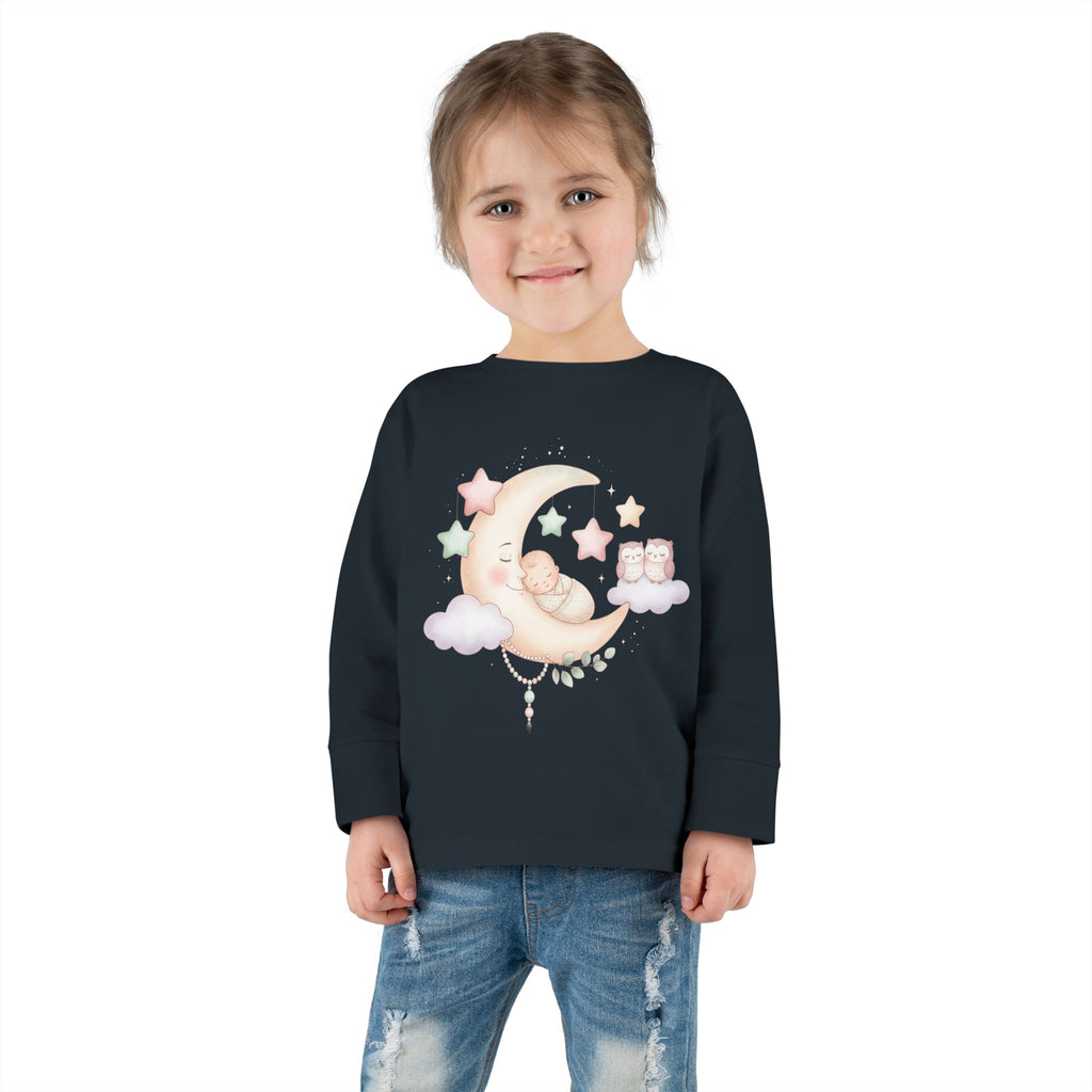 Baby Moon & Owl Toddler Long Sleeve Tee – Pastel Sleepy Moon Nursery Shirt | Cozy Toddler Pajama Style Tee