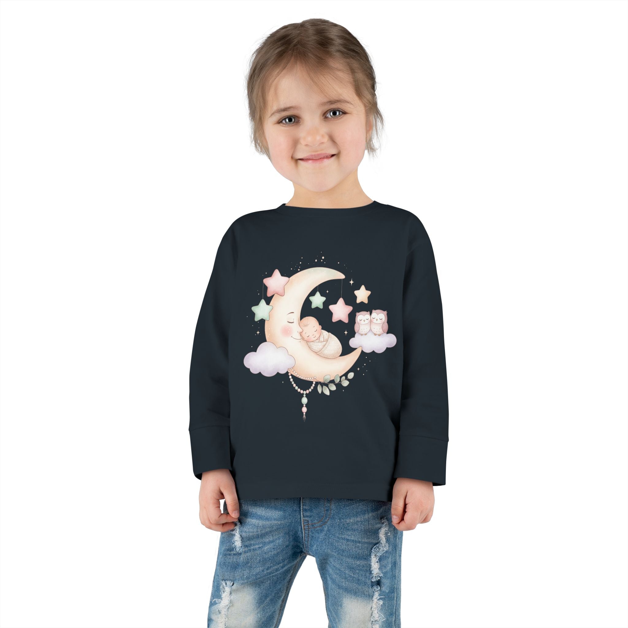 Baby Moon & Owl Toddler Long Sleeve Tee – Pastel Sleepy Moon Nursery Shirt | Cozy Toddler Pajama Style Tee