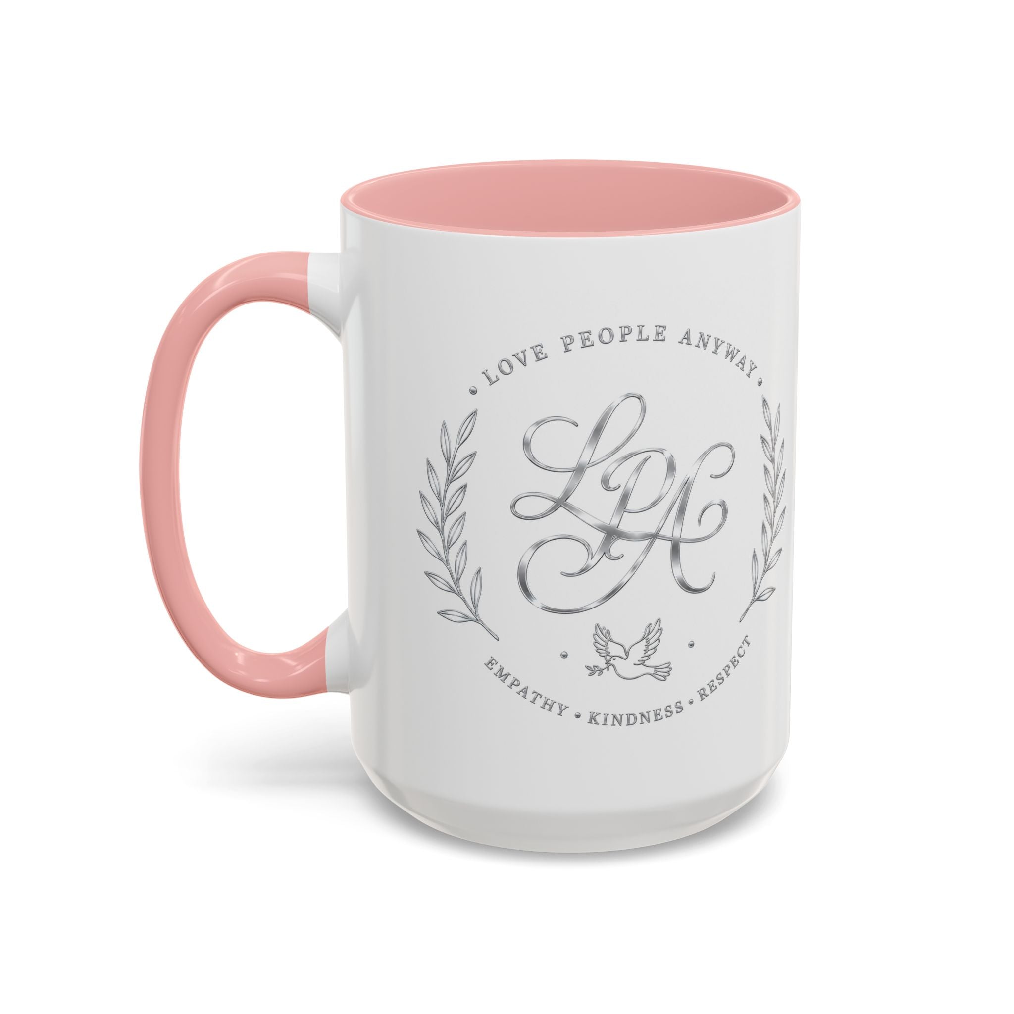 Love People Anyway Silver Accent Coffee Mug | Inspirational Monogram Mug | Faith Freedom Creations