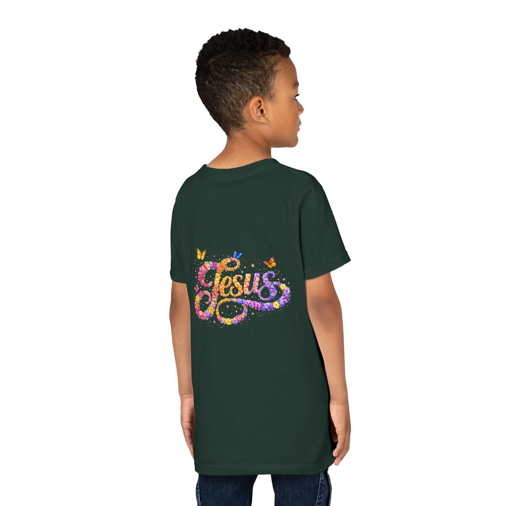Youth Jesus Floral Script T-Shirt – Butterfly Christian Kids Tee | Faith Youth Shirt