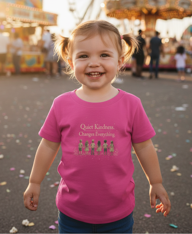 Child wearing a pink t-shirt says 
'kindness changes, everything" at the fairgrounds. 