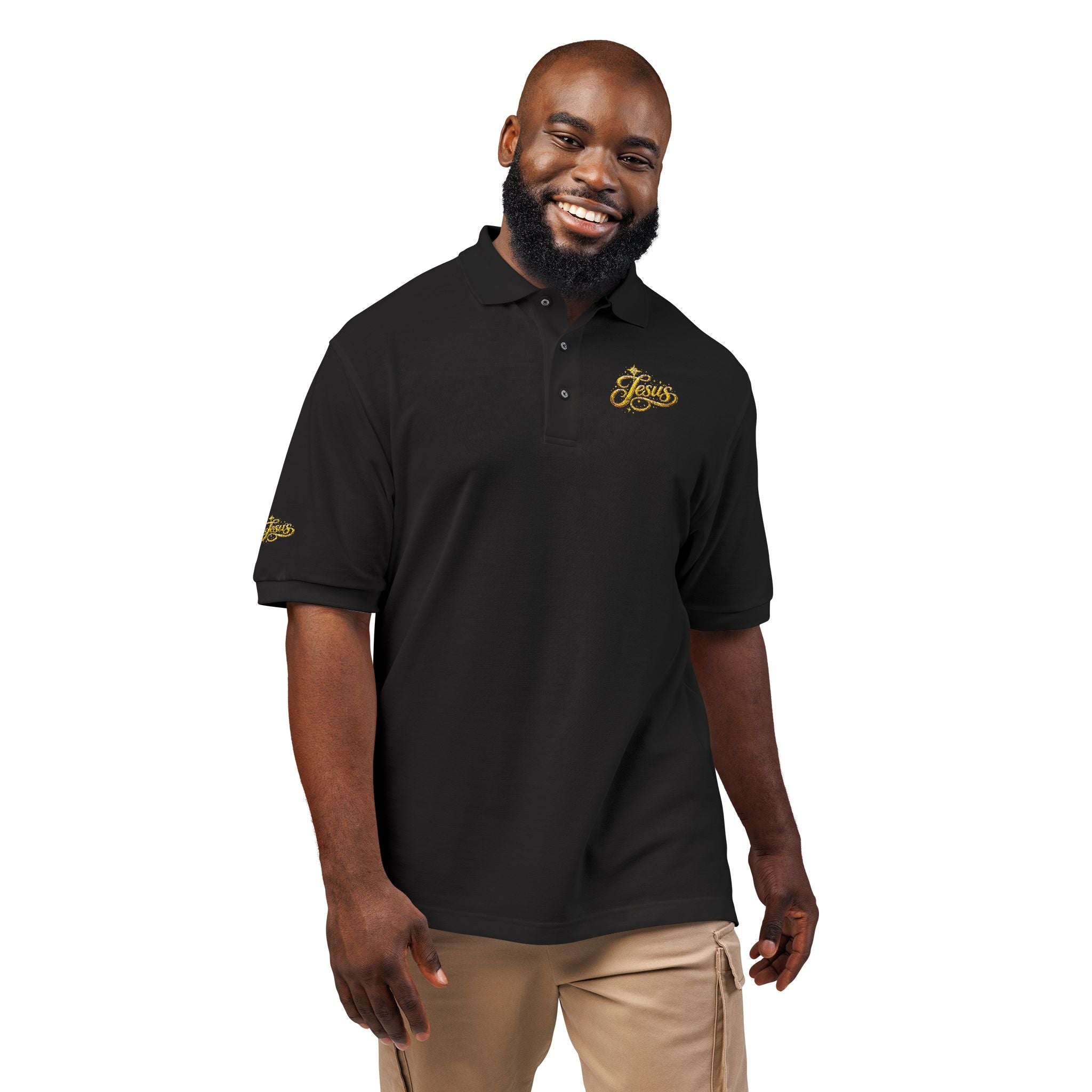 Jesus Gold Fleur Embroidered Polo – Christian Faith Collared Shirt | Elegant Unisex Church Polo