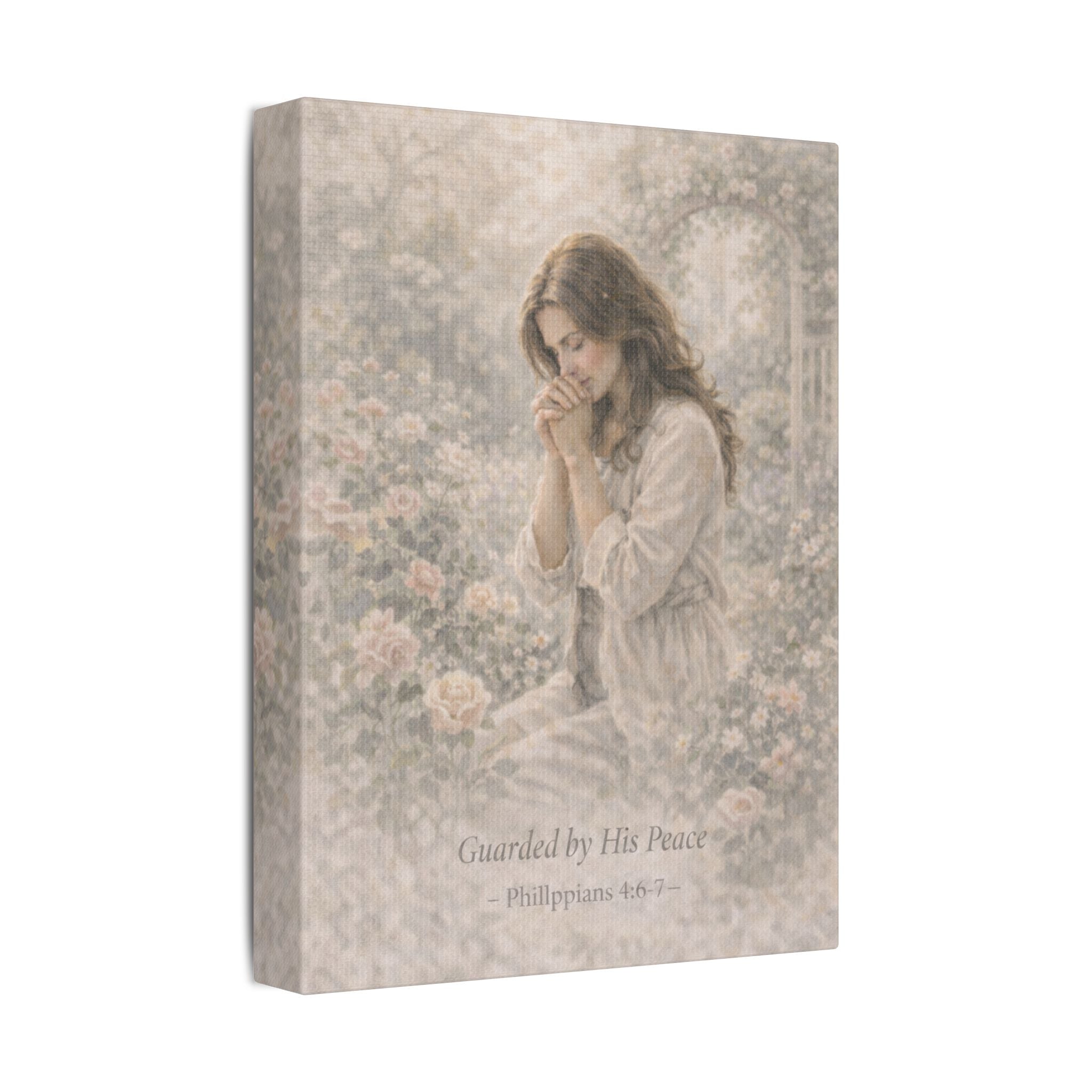 Guarded by His Peace Canvas Print – Prayer Girl Christian Wall Art | Faith Inspired Devotional Artwork