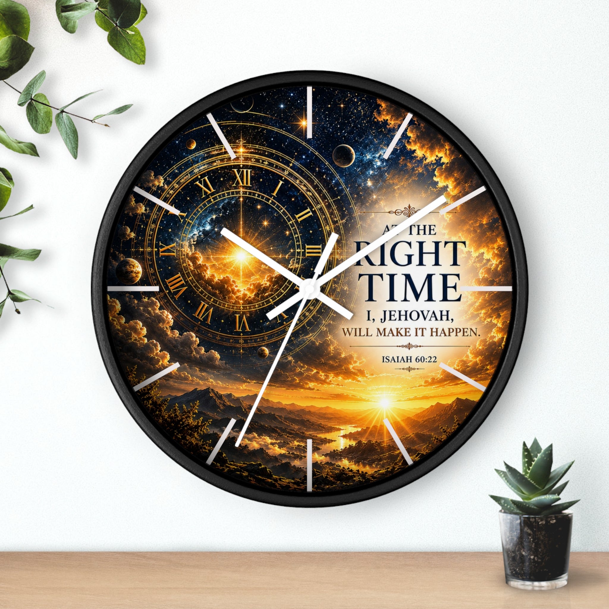 Inspirational Christian wall clock featuring celestial skies, glowing golden gears, and Isaiah 60:22 scripture with the phrase “The Right Time: I, Jehovah, Will Make It Happen.”