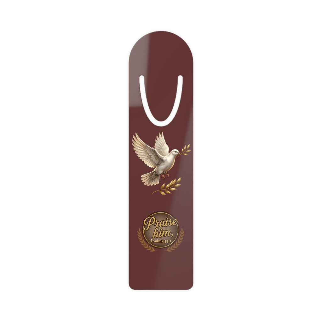 Inspirational Christian aluminum bookmark featuring a dove and laurel design with “Praise Him” and Psalm 34:1 on a rich maroon background, finished with a brushed metal backing and secure page-holding slot.