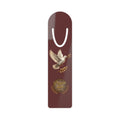 Inspirational Christian aluminum bookmark featuring a dove and laurel design with “Praise Him” and Psalm 34:1 on a rich maroon background, finished with a brushed metal backing and secure page-holding slot.
