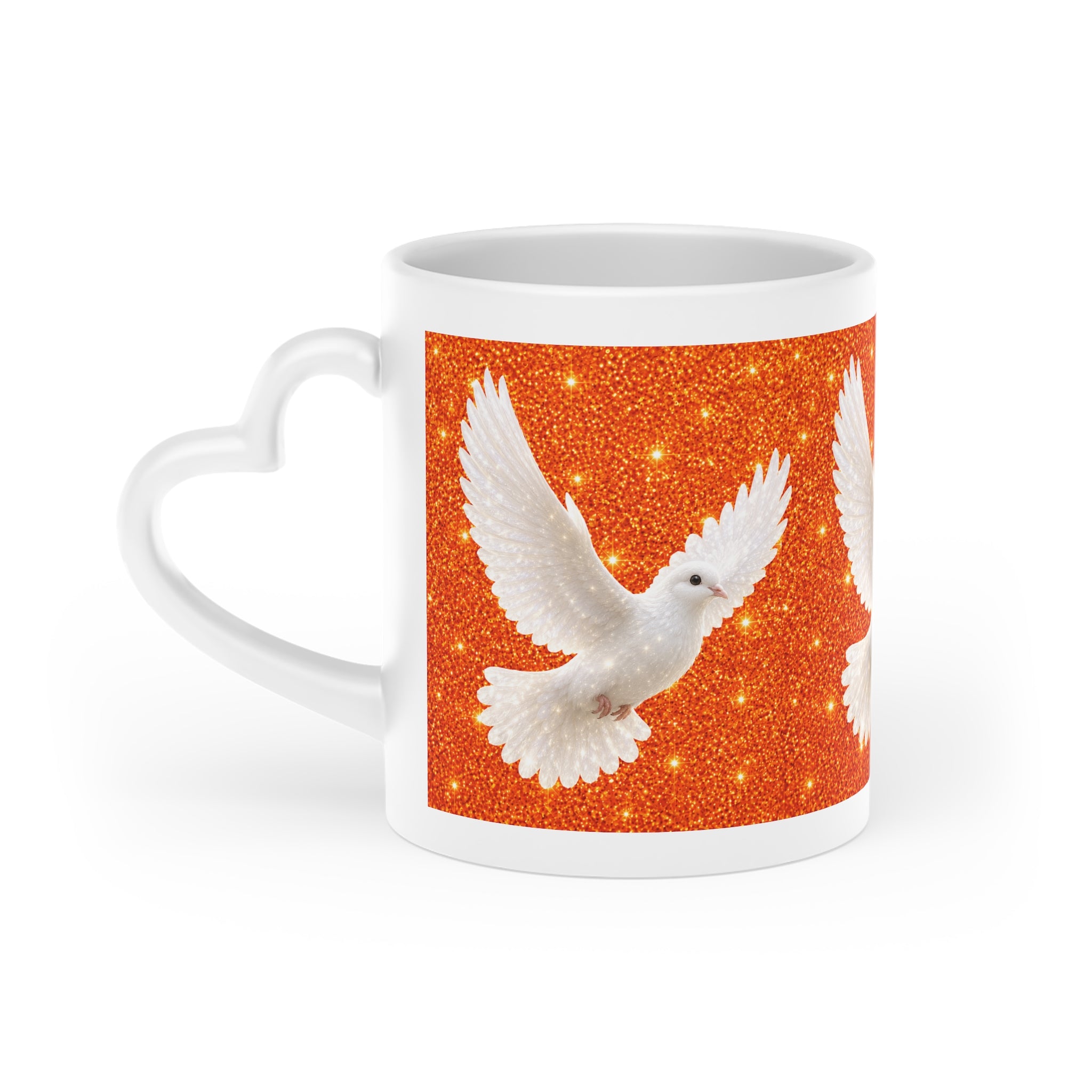 White ceramic heart-shaped handle mug featuring elegant white doves flying across a sparkling orange background with vibrant wraparound artwork.