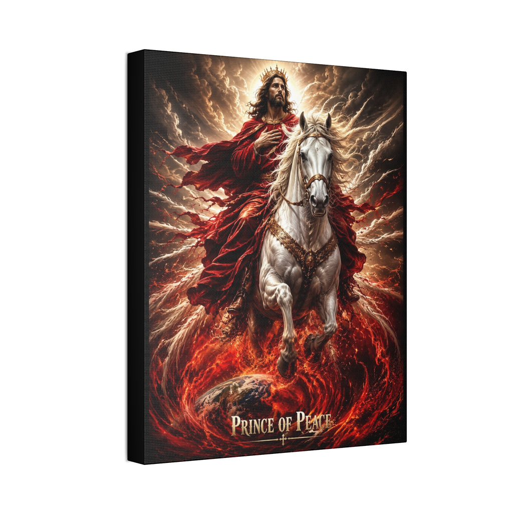 Christian canvas wall art featuring Jesus riding a white horse with peaceful radiant lighting and inspirational Prince of Peace imagery in gallery-style decor.