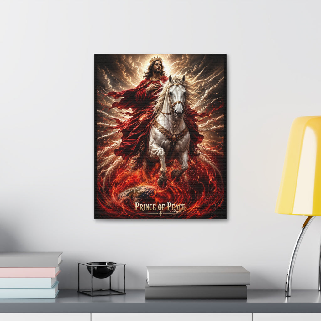 Christian canvas wall art featuring Jesus riding a white horse with peaceful radiant lighting and inspirational Prince of Peace imagery in gallery-style decor.