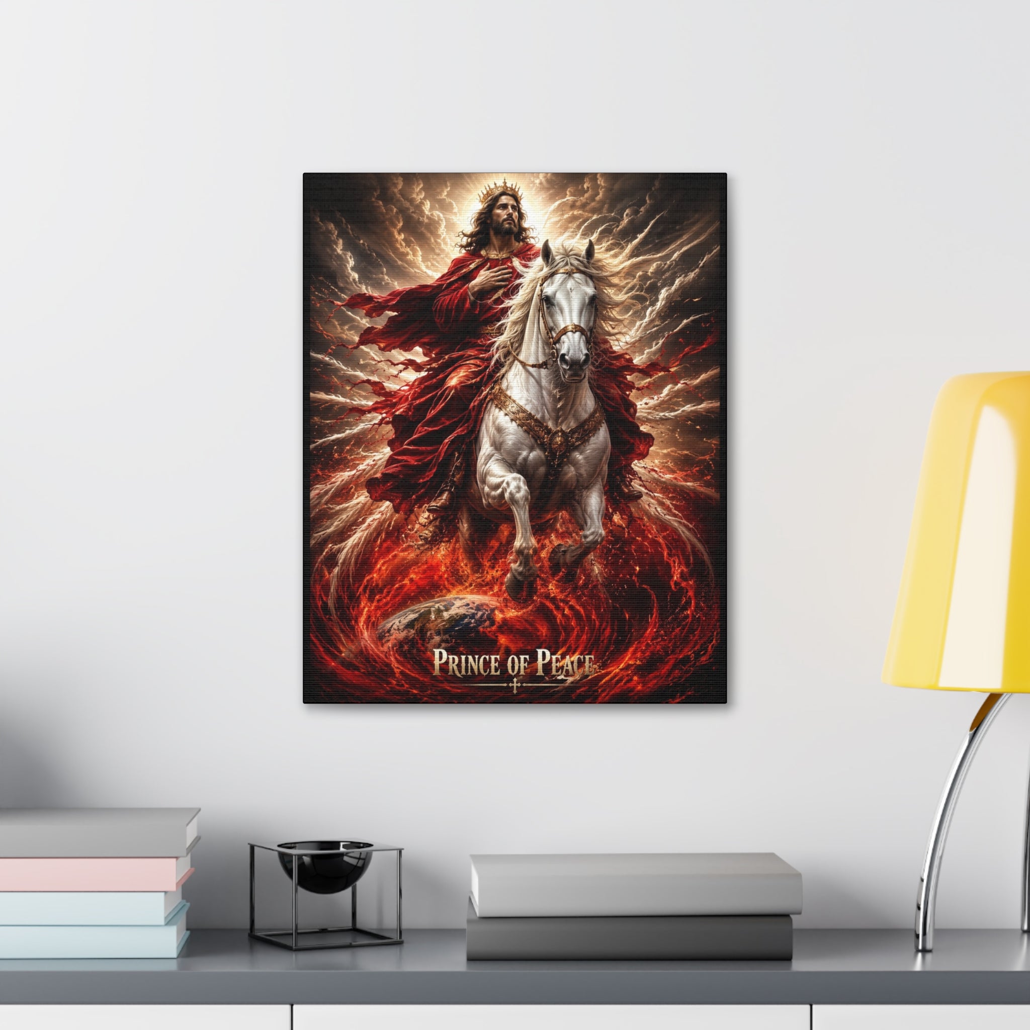 Christian canvas wall art featuring Jesus riding a white horse with peaceful radiant lighting and inspirational Prince of Peace imagery in gallery-style decor.