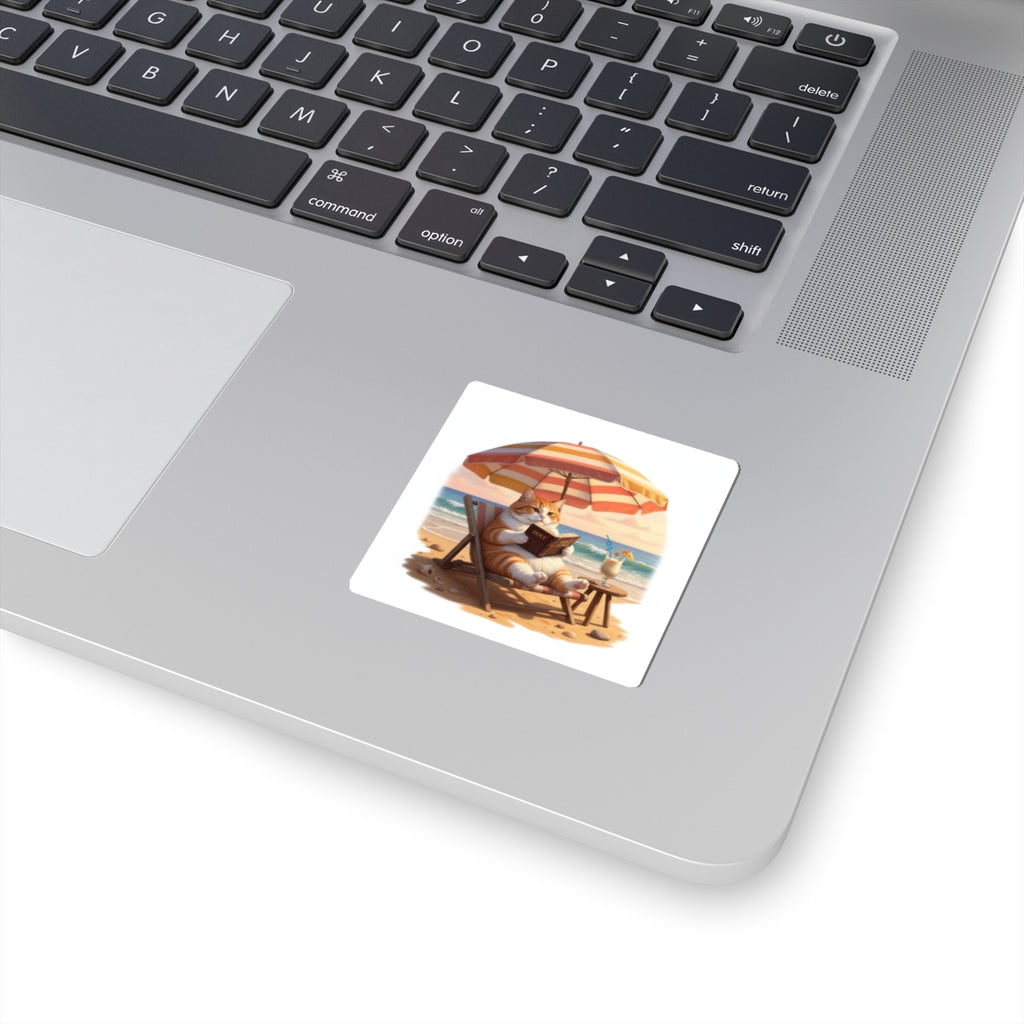 Bible Reading Beach Kitty Sticker – Christian Cat Faith Decal | Cute Bible Study Laptop Sticker