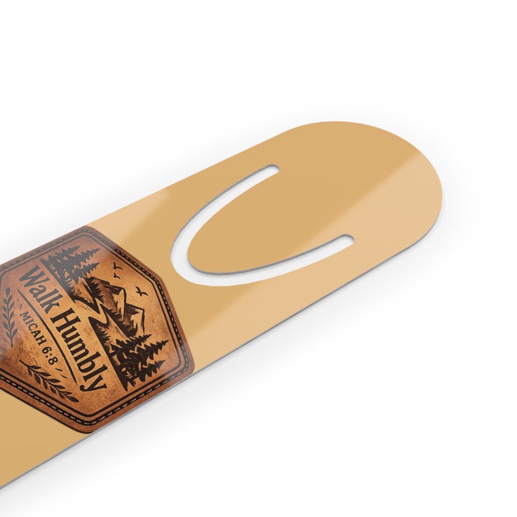 Personalized Christian aluminum bookmark featuring “Walk Humbly” scripture-inspired design with custom name, brushed metal backing, and secure page-holding slot.