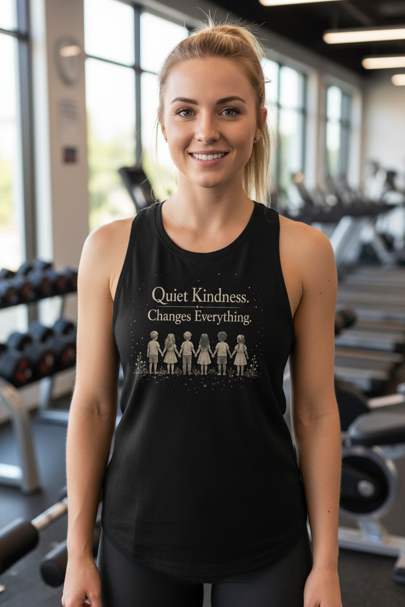 Black sleeveless shirt with white text on a white background "Quiet Kindness, changes everything"