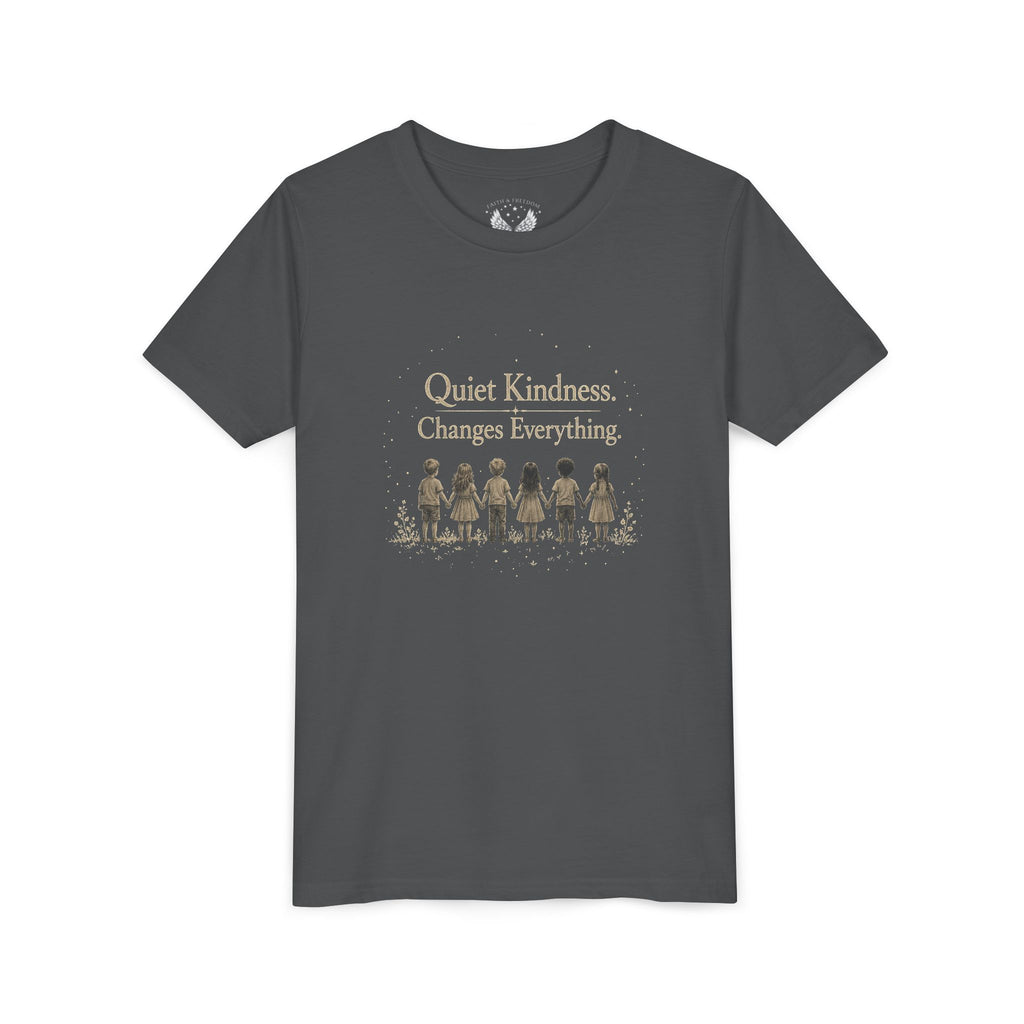 Youth “Quiet Kindness Changes Everything” Tee – Kids Inspirational T-Shirt with Earth & Friends Graphic