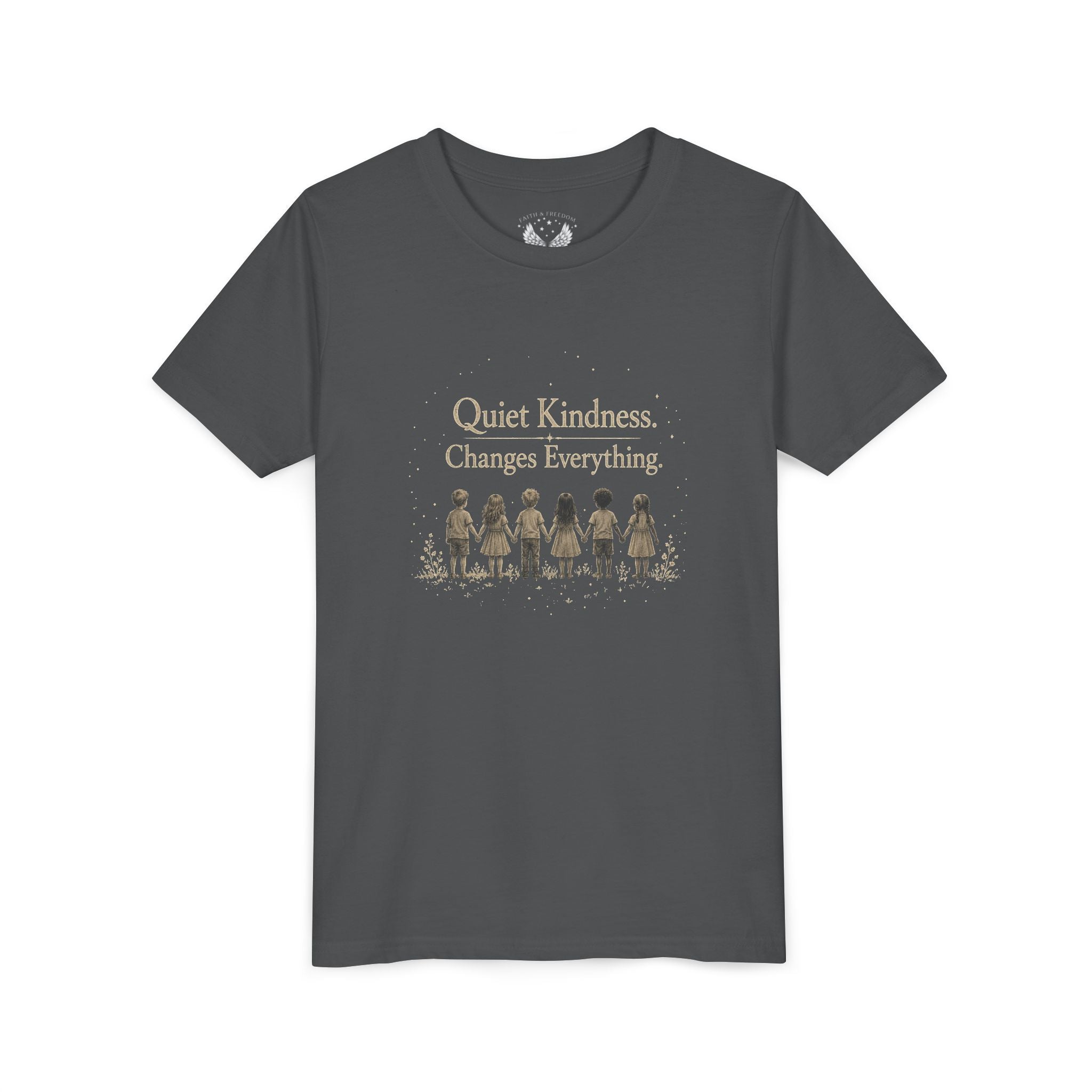Youth “Quiet Kindness Changes Everything” Tee – Kids Inspirational T-Shirt with Earth & Friends Graphic