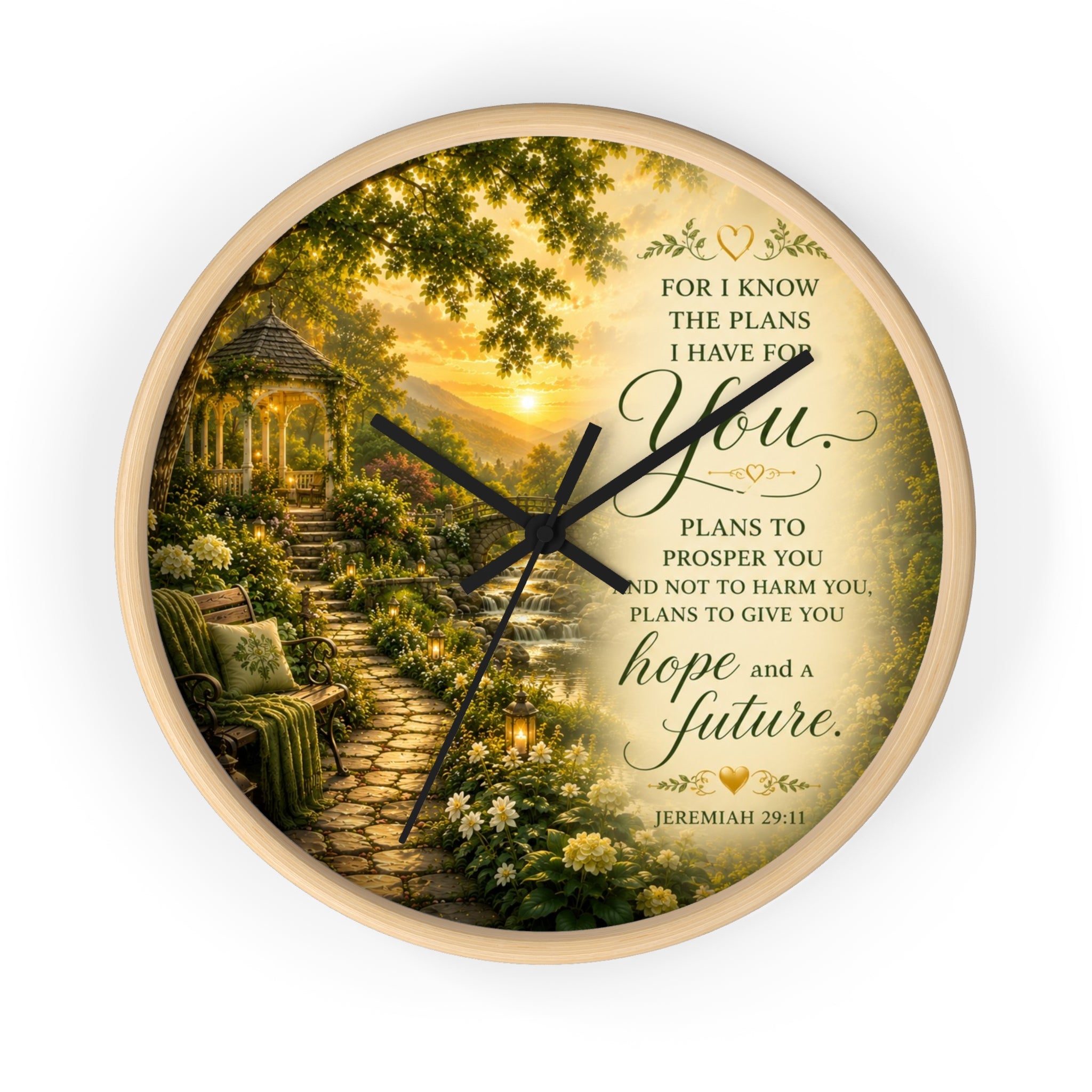 Inspirational Christian wall clock featuring a peaceful garden pathway, gazebo, and Jeremiah 29:11 scripture about hope and a future in warm sunset tones.