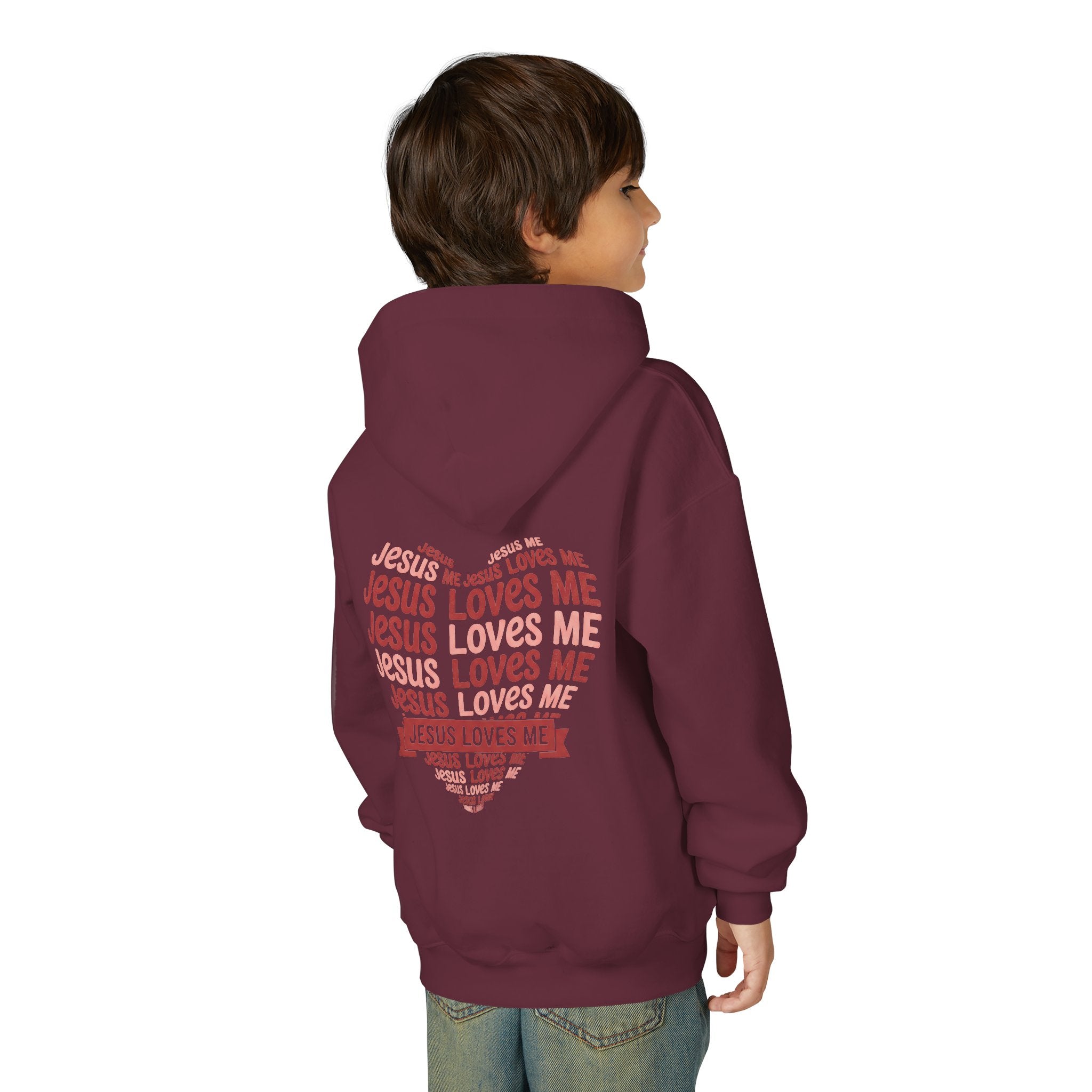 Jesus Loves Me Youth Hoodie – Heart Word Cloud Christian Kids Sweatshirt | Faith Inspired Kids Apparel