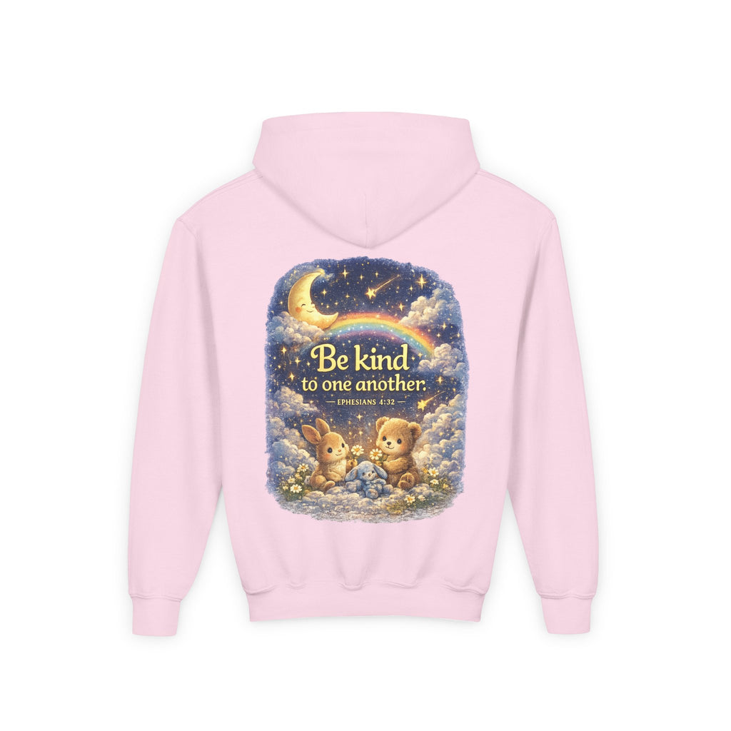 Youth “Be Kind to One Another” Hoodie – Cute Bunny Night Sky Scripture Sweatshirt