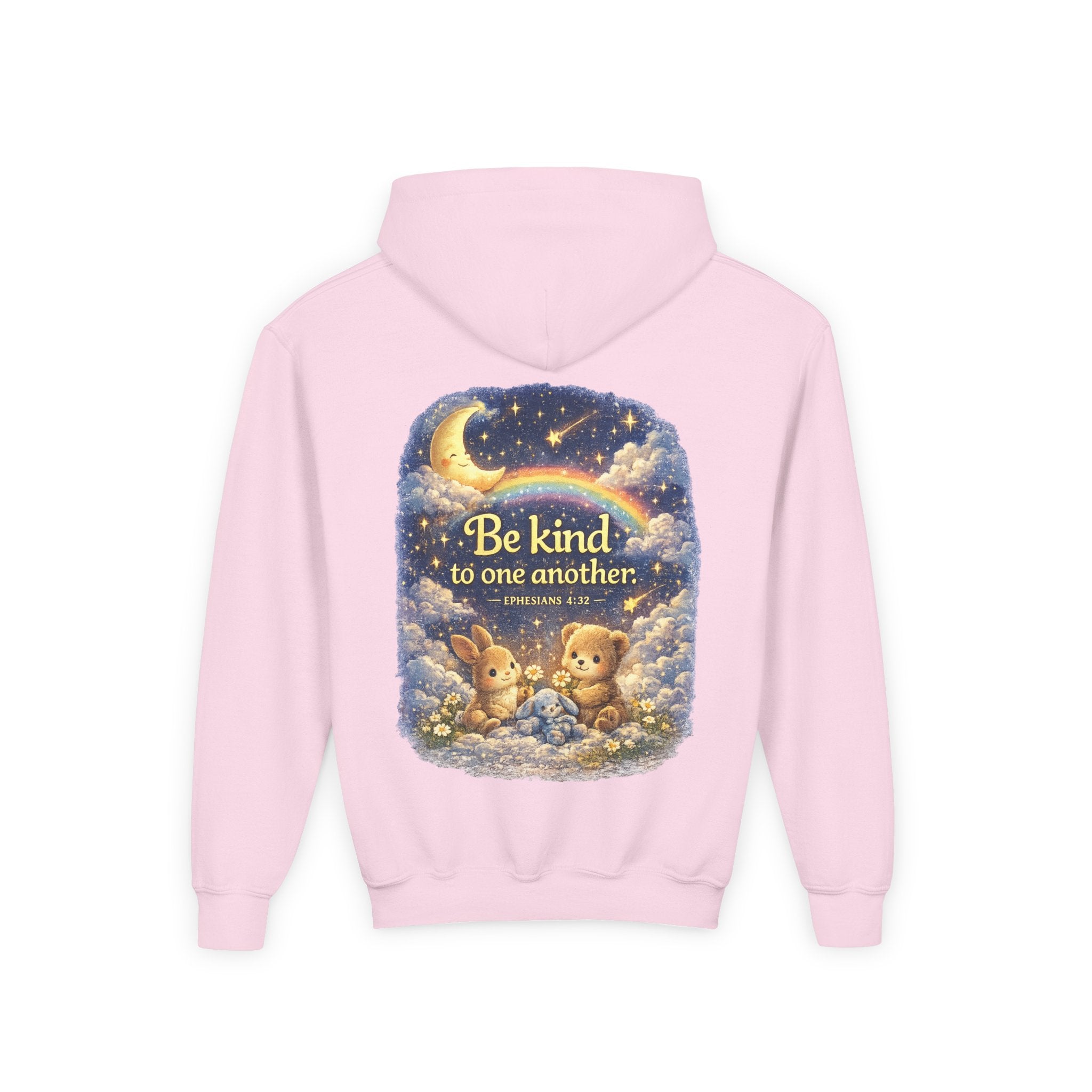 Youth “Be Kind to One Another” Hoodie – Cute Bunny Night Sky Scripture Sweatshirt