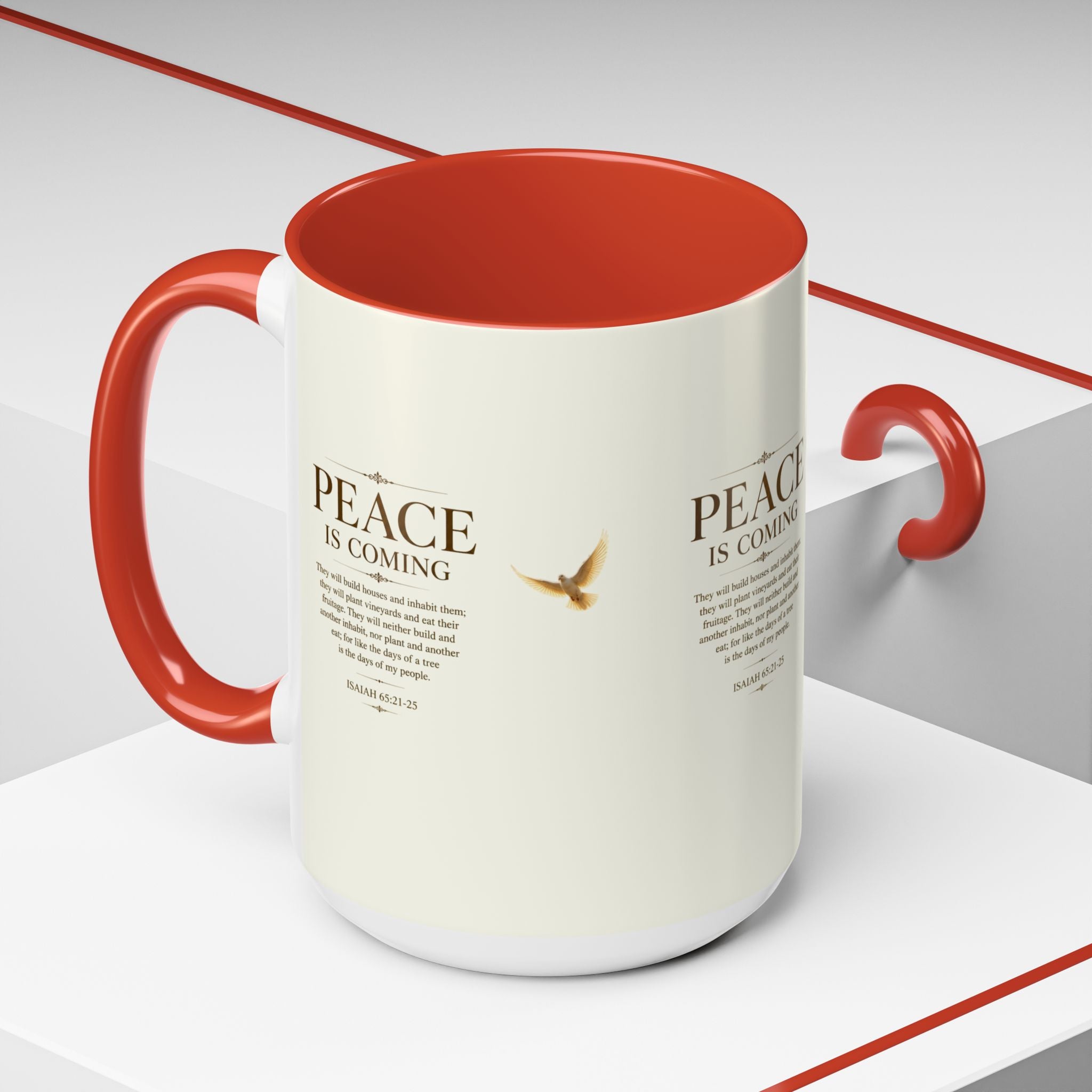 Peace Is Coming Accent Coffee Mug | Isaiah 65:21-25 Christian Mug | Inspirational Faith Gift