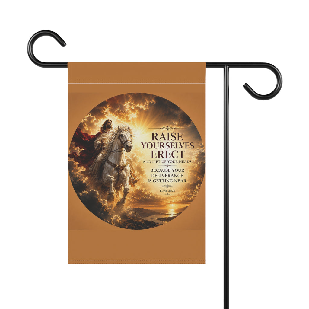 Jesus Rides White Horse Garden Flag | Luke 21:28 Inspirational Outdoor Banner | Christian Garden Decor