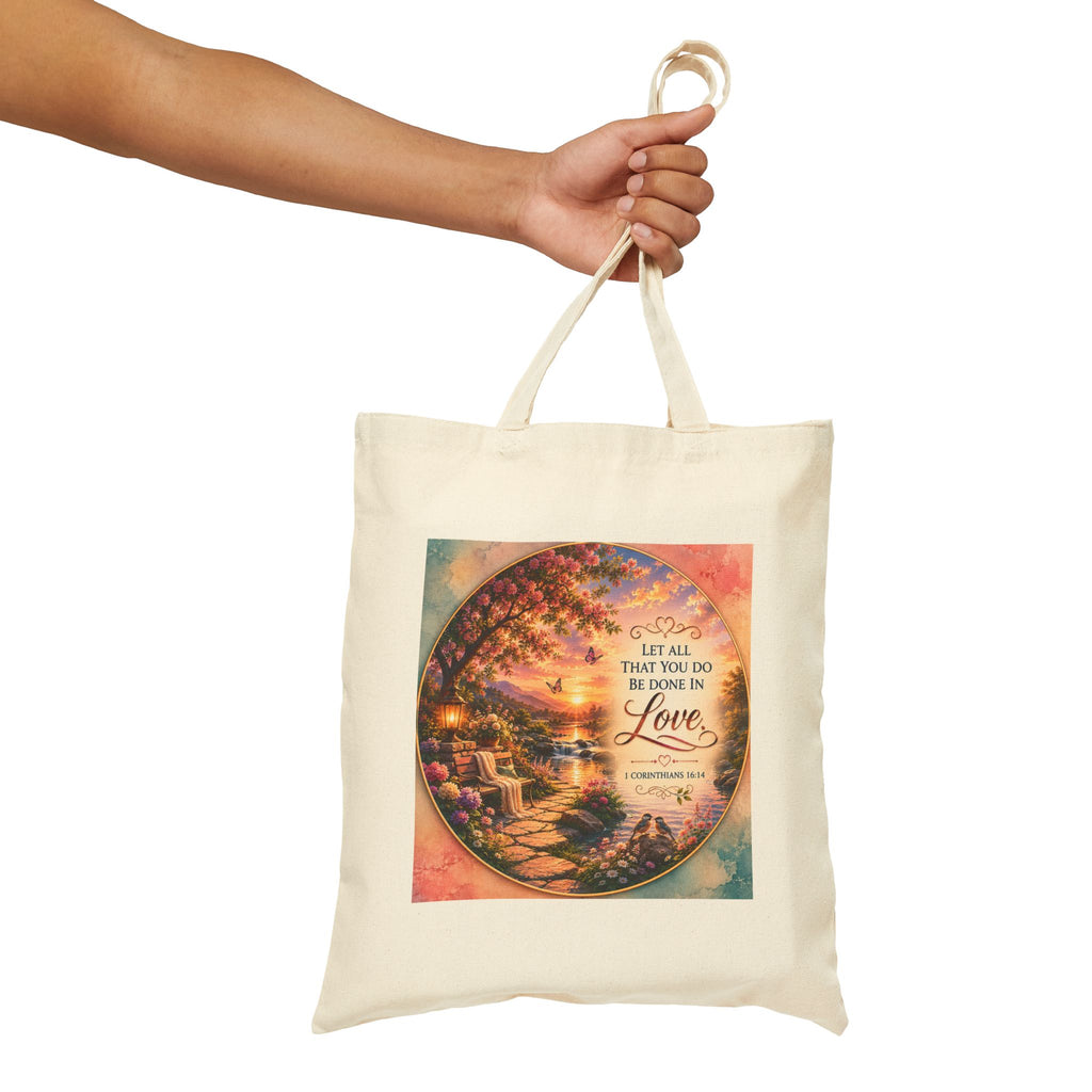 Christian cotton canvas tote bag featuring 1 Corinthians 16:14, “Let All That You Do Be Done in Love,” with a peaceful garden landscape, blooming flowers, butterflies, flowing river, lantern, birds, and sunset artwork.