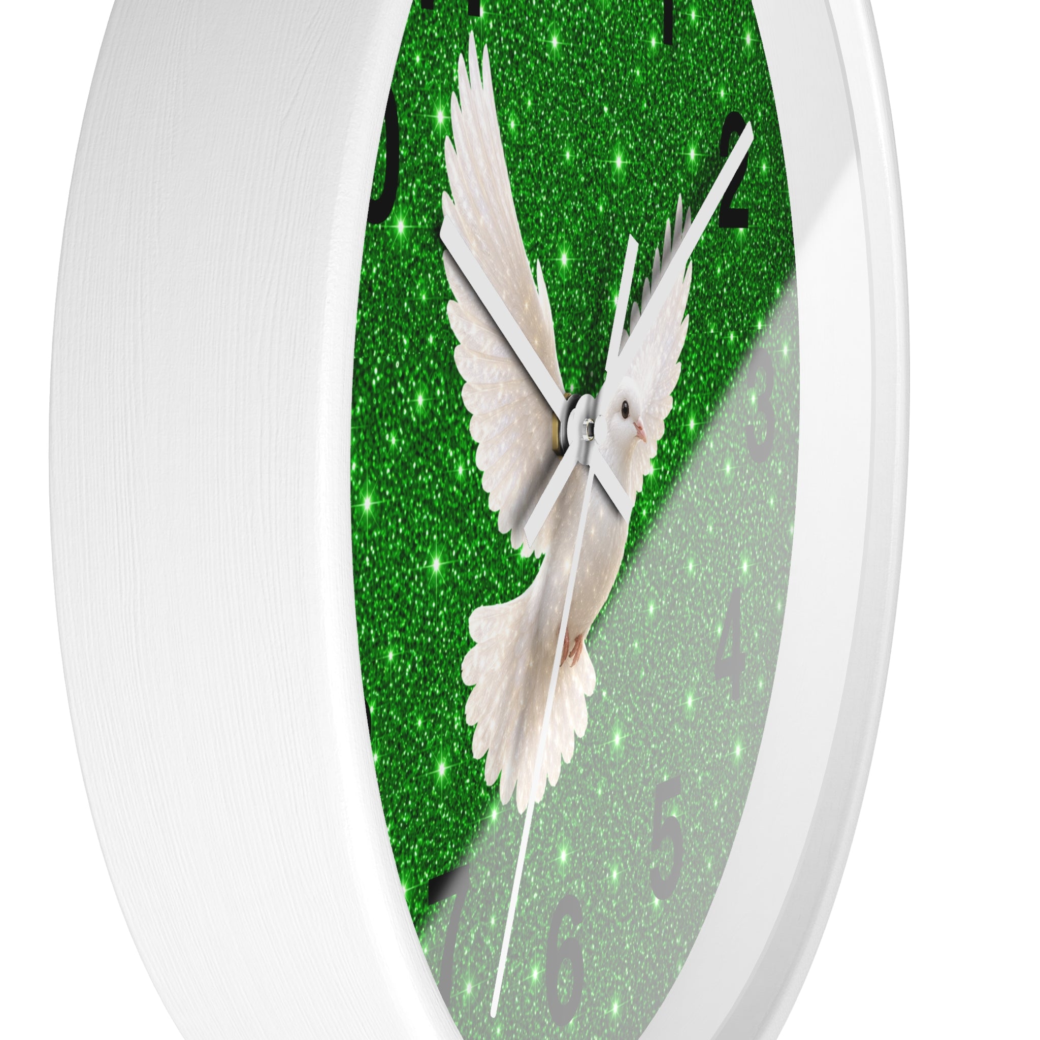 Peace Dove Wall Clock | Green Sparkle Christian Wall Decor | Silent White Dove Clock