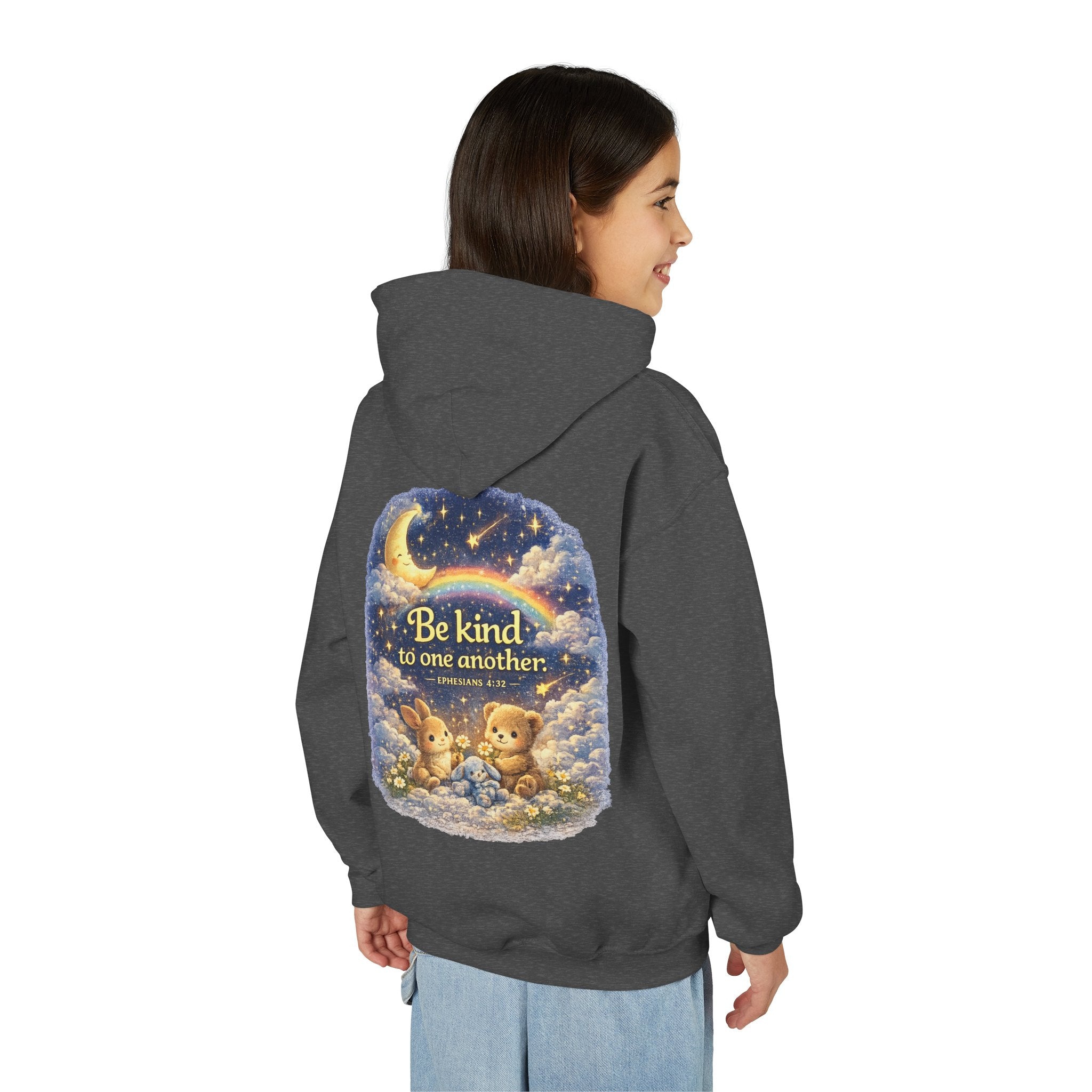 Youth “Be Kind to One Another” Hoodie – Cute Bunny Night Sky Scripture Sweatshirt