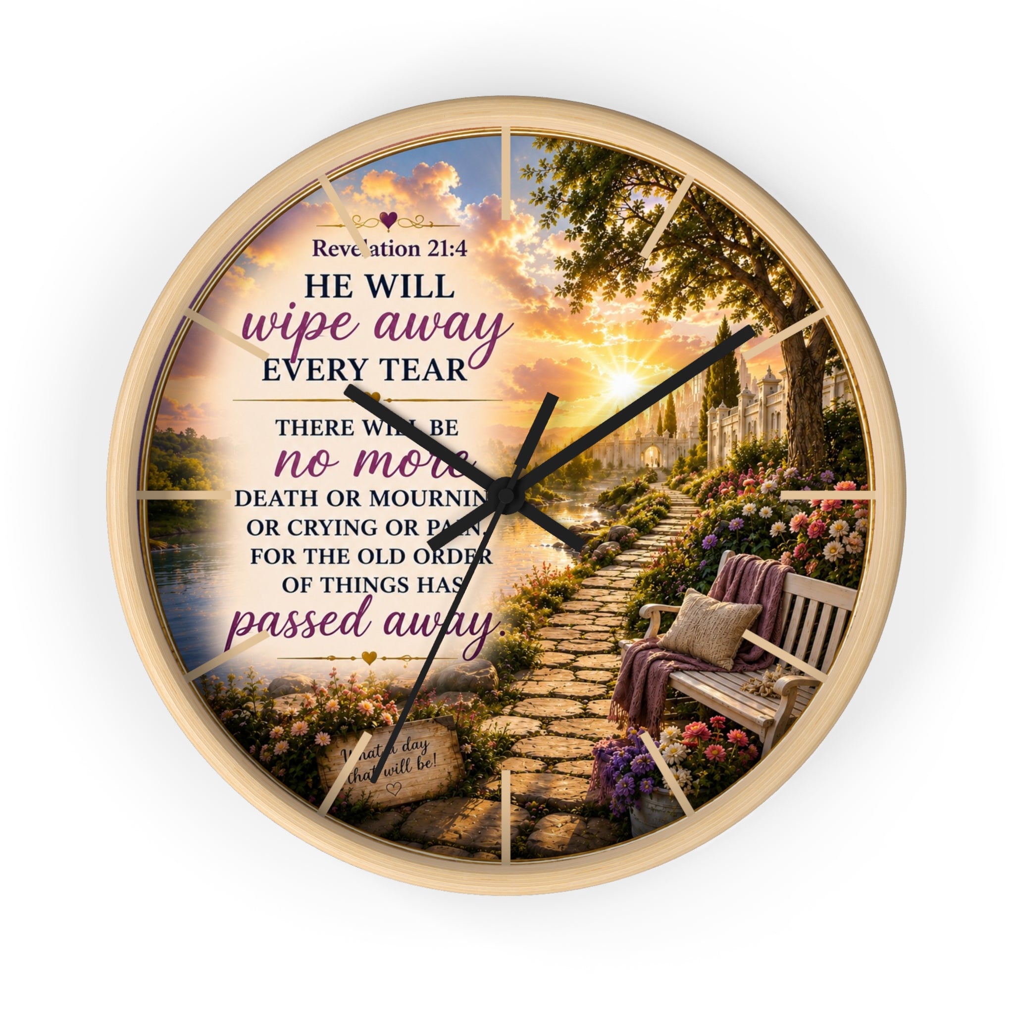 Revelation 21:4 Memorial Garden Wall Clock | Inspirational Christian Scripture Clock | Faith Home Decor