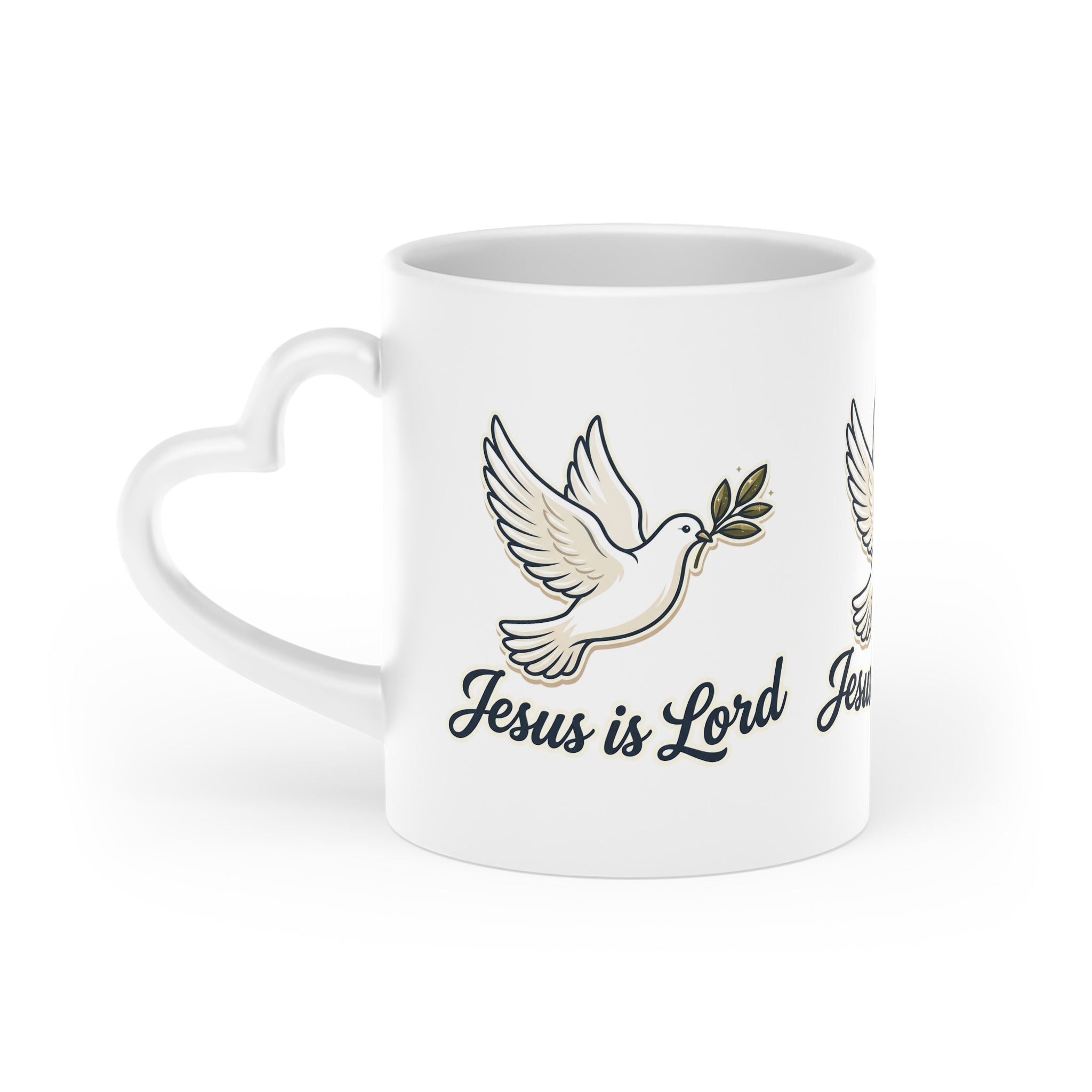 White ceramic heart-shaped handle mug featuring repeating white doves carrying olive branches with the words "Jesus Is Lord" in elegant script.