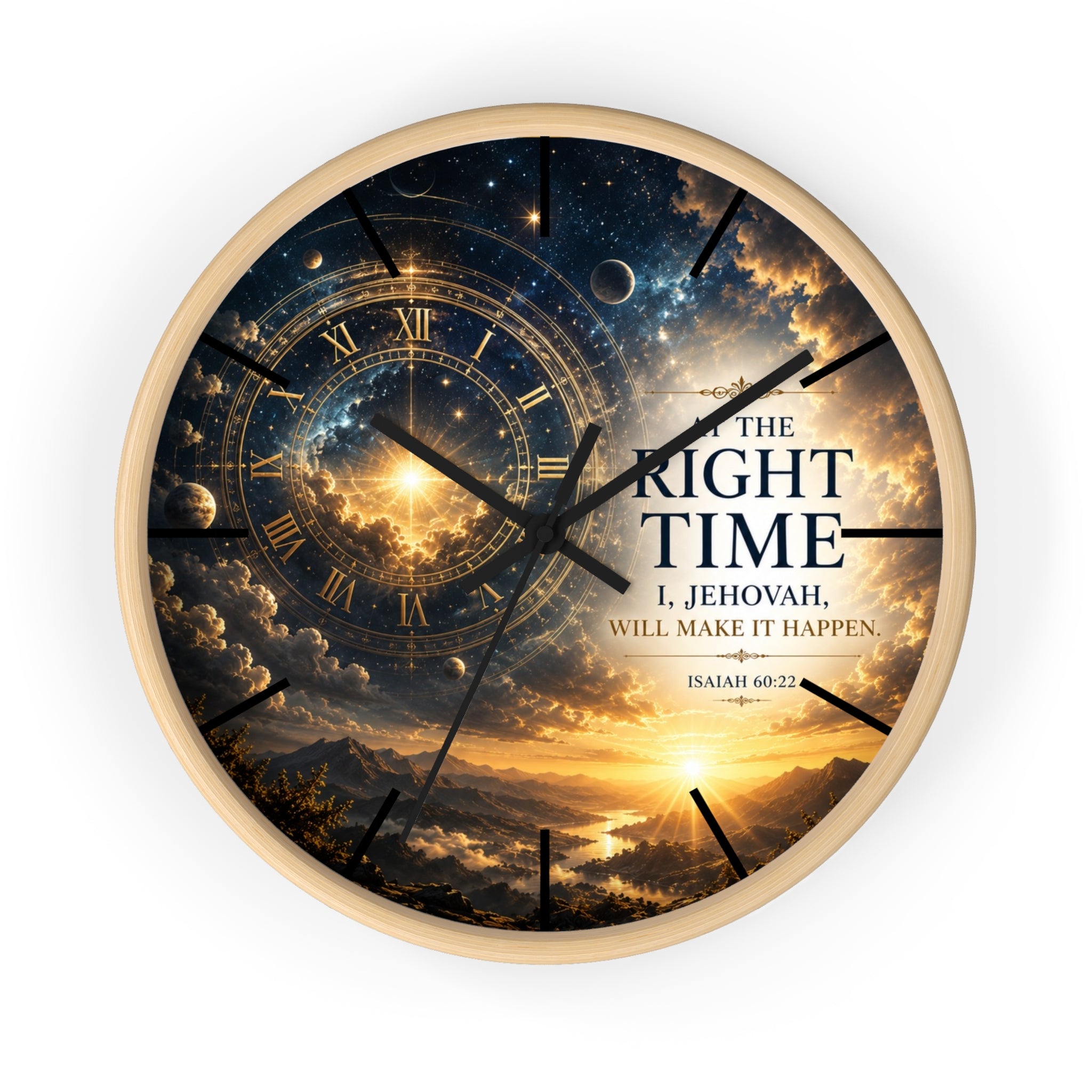 Bring peaceful encouragement into your home with this Isaiah 60:22 wall clock featuring celestial artwork, a golden sunrise, silent movement, and the comforting promise: “The Right Time, I Jehovah Will Make It Happen.”
