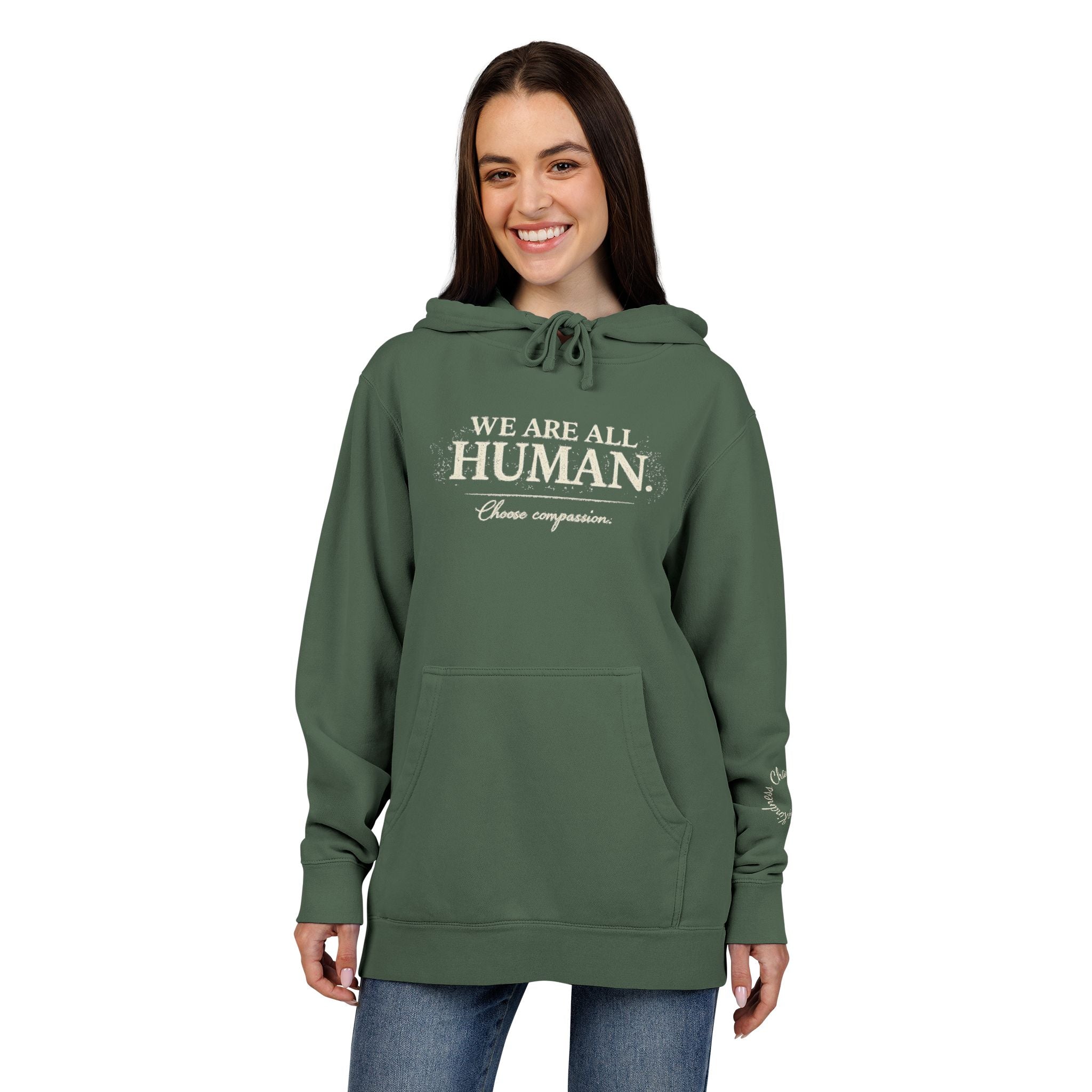 “We Are All Human” Pigment-Dyed Hoodie – Inclusive Comfort Pullover | Inspirational Minimalist Hoodie
