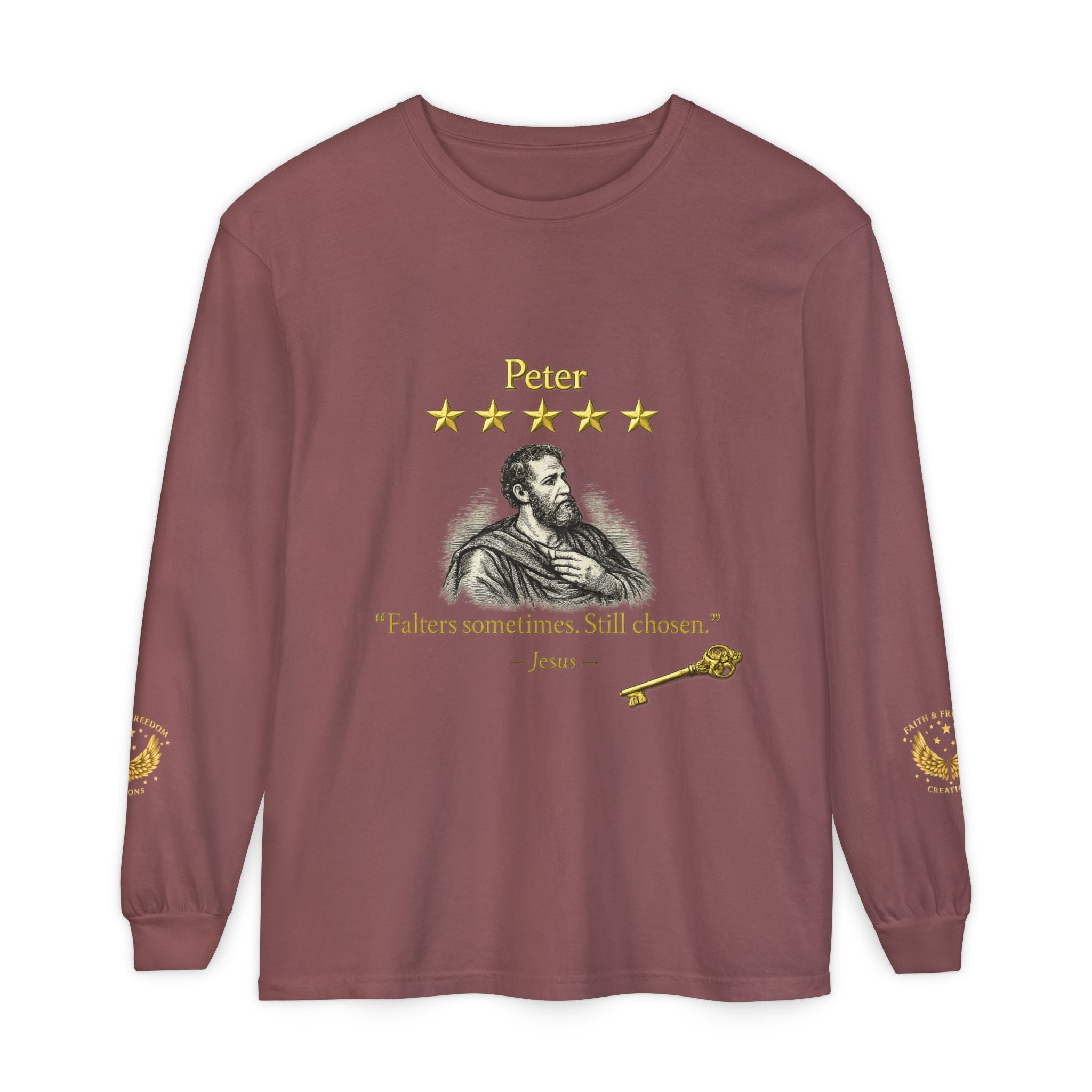Peter Scripture Long Sleeve T-Shirt — "Falters sometimes. Still chosen." Review by Jesus