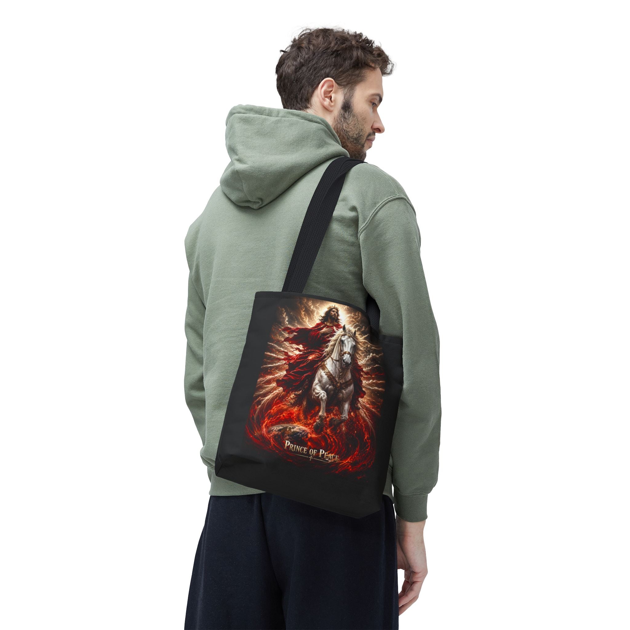 Christian all-over print tote bag featuring Jesus riding a white horse with Prince of Peace inspirational artwork and durable carryall design.