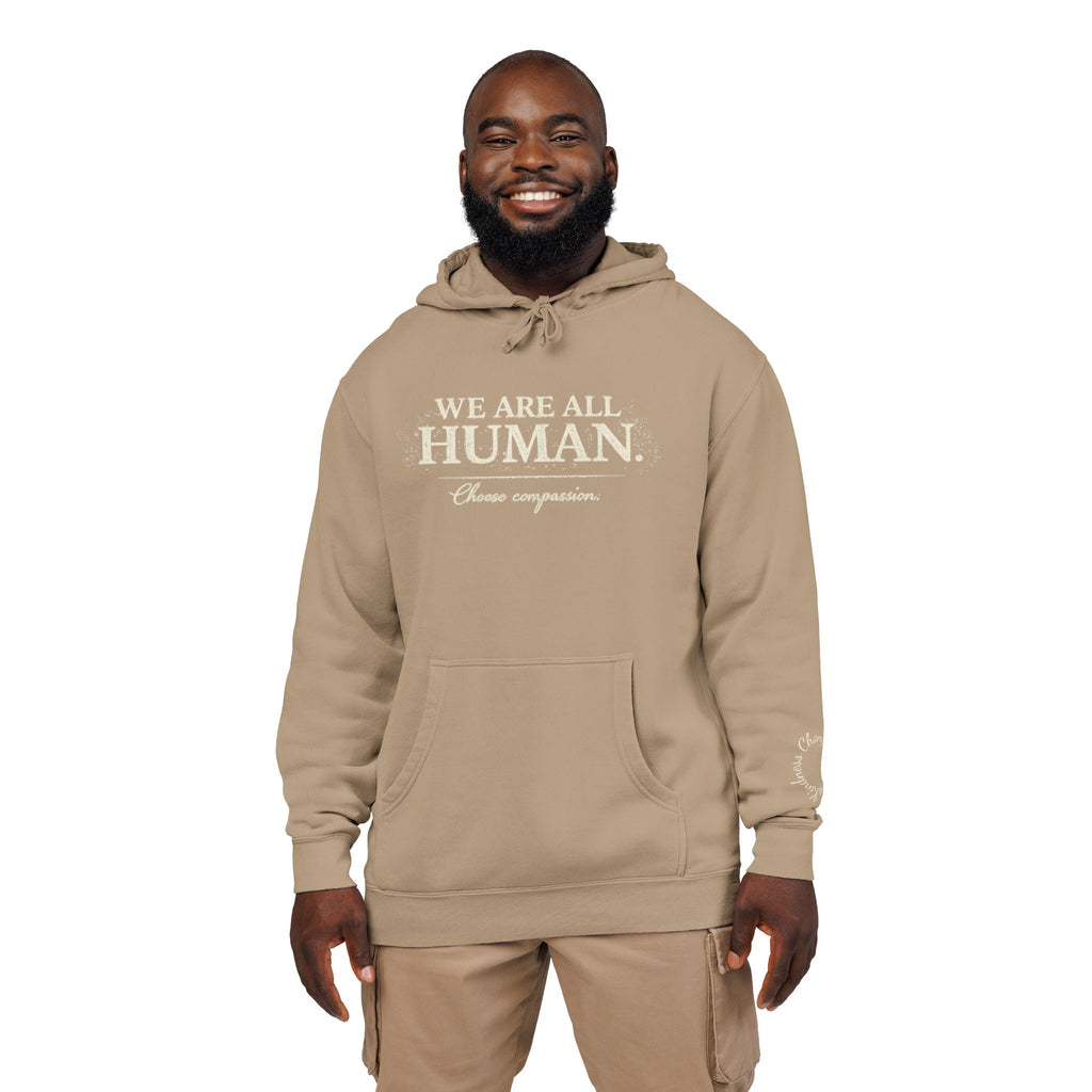 “We Are All Human” Pigment-Dyed Hoodie – Inclusive Comfort Pullover | Inspirational Minimalist Hoodie