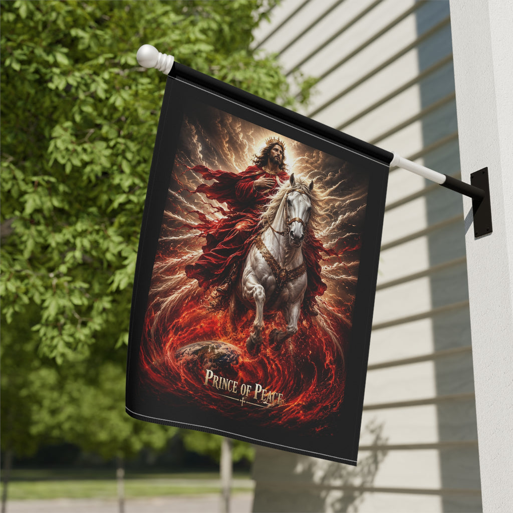 Christian garden banner featuring Jesus beside a noble horse with the words “Prince of Peace” in warm country-inspired outdoor artwork.