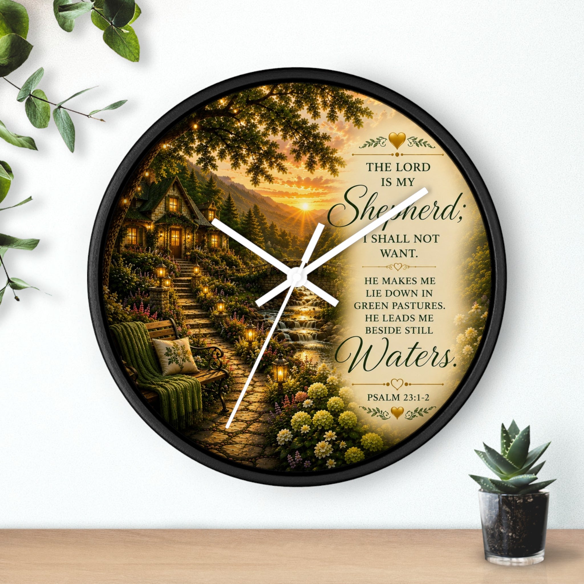 Inspirational Christian wall clock featuring a lantern-lit cottage pathway at sunset with Psalm 23 scripture about the Lord being my Shepherd.