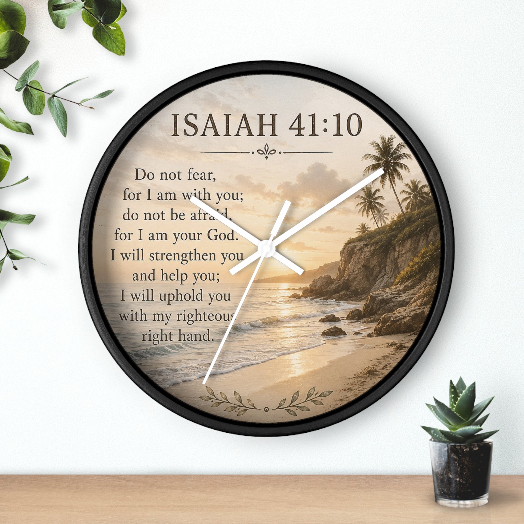 Inspirational Christian wall clock featuring Isaiah 41:10 scripture with faith-centered artwork and silent movement for peaceful home décor.