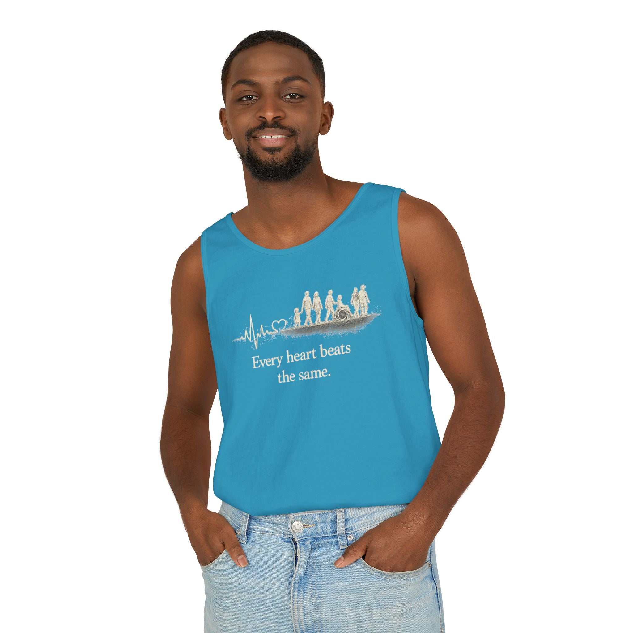 “Every Heart Beats the Same” Vintage Surf Tank Top – Garment-Dyed Coastal Unity Tank