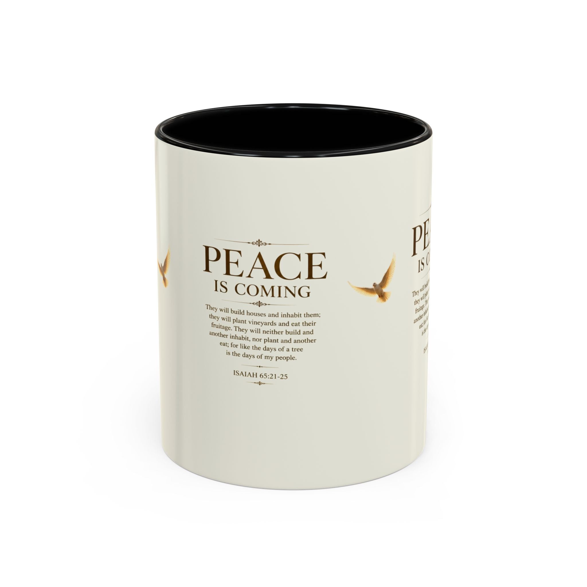 Peace Is Coming Accent Coffee Mug | Isaiah 65:21-25 Christian Mug | Inspirational Faith Gift