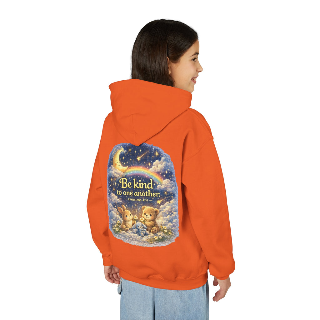 Youth “Be Kind to One Another” Hoodie – Cute Bunny Night Sky Scripture Sweatshirt