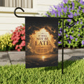 Inspirational garden flag featuring a peaceful sunrise scene with the words “It Will Not Be Late” inspired by Habakkuk 2:3 in warm golden tones.