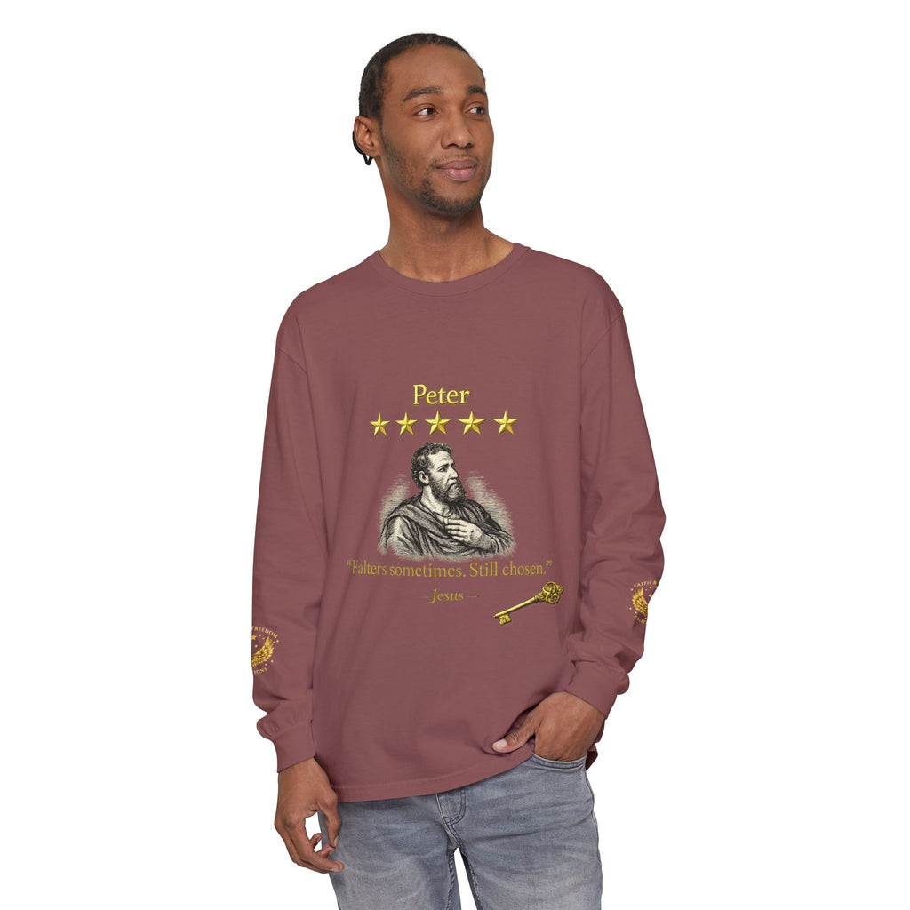 Peter Scripture Long Sleeve T-Shirt — "Falters sometimes. Still chosen." Review by Jesus