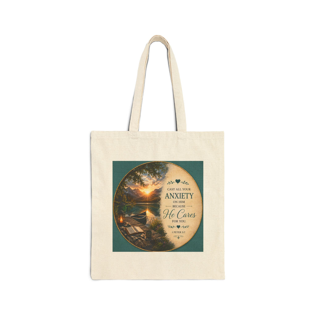 Cast All Your Anxiety Tote Bag | 1 Peter 5:7 Christian Canvas Tote | Inspirational Scripture Bag