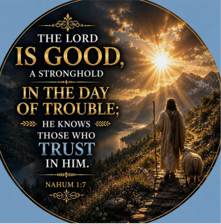 Christian die-cut magnet featuring Nahum 1:7, a shepherd walking with a sheep along a mountain path at sunrise, with golden rays of light and inspirational scripture about trusting in God.