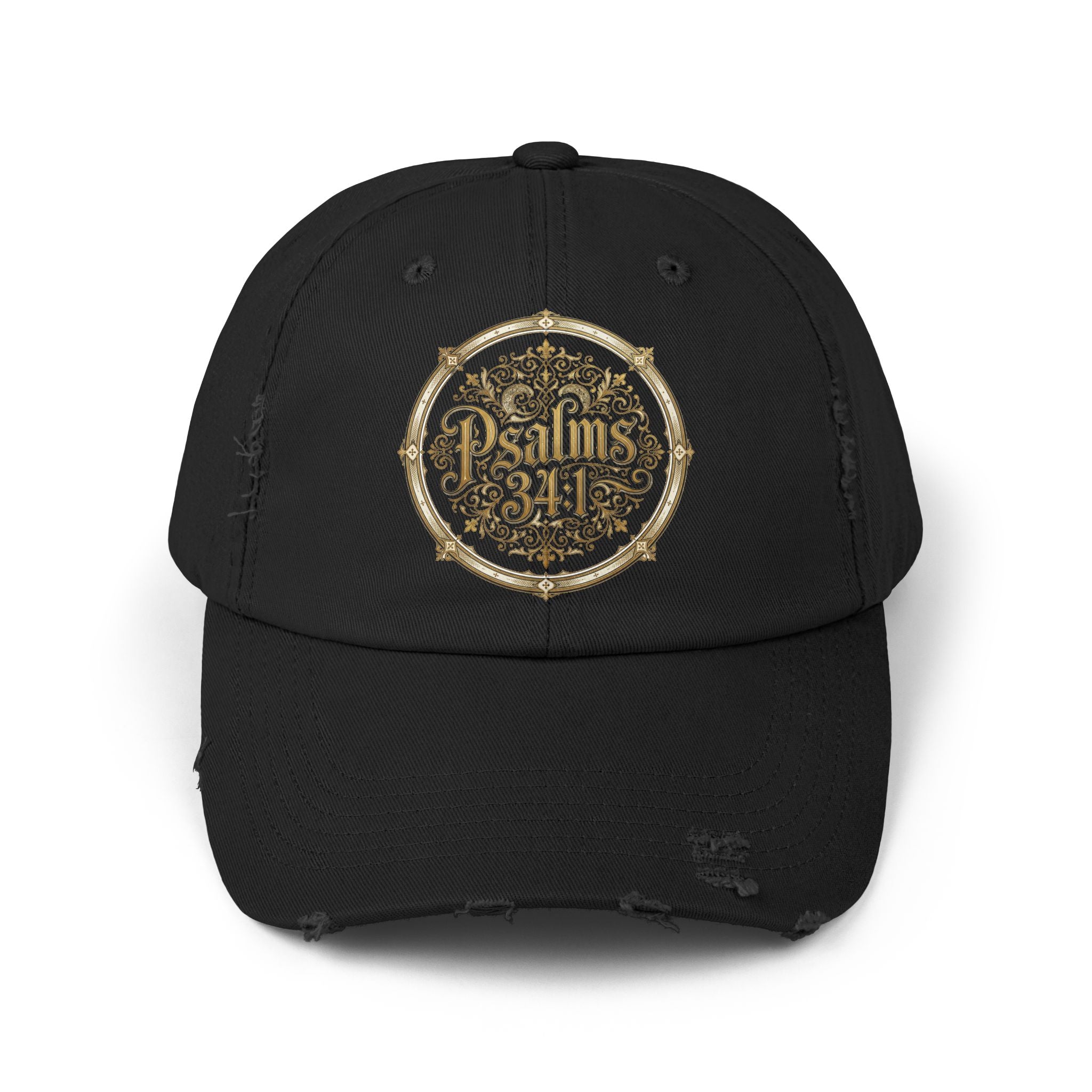Distressed Black Cap – Psalm 23:1 Vintage Gold Emblem Hat | Faith & Freedom Creations